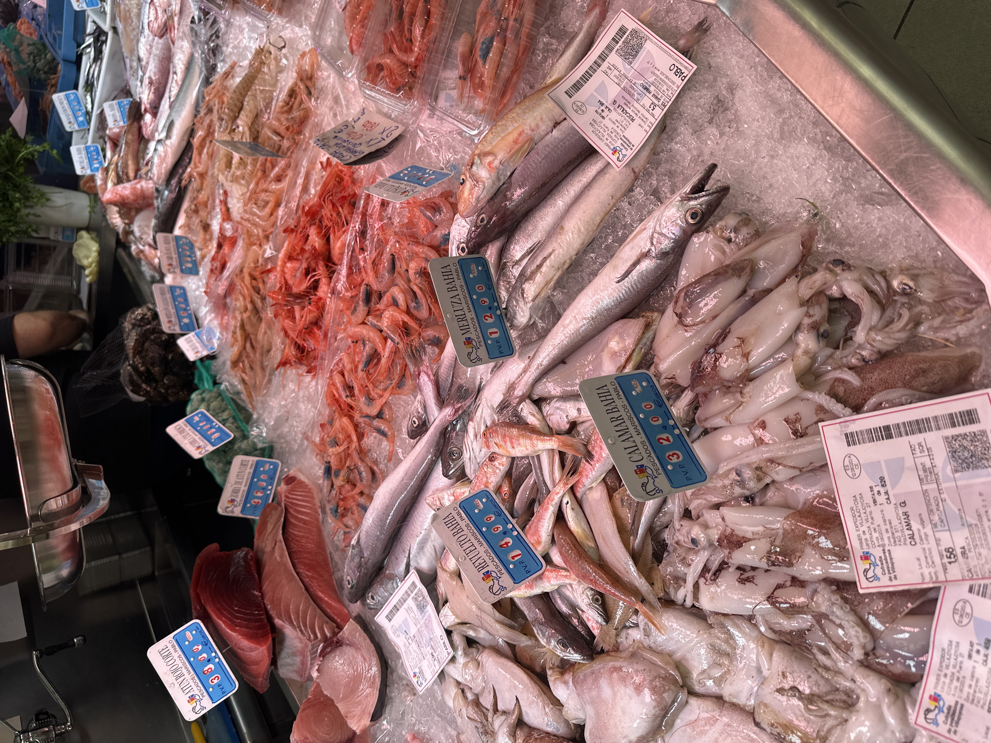 This media file captures a vibrant and abundant display of fresh seafood arranged on crushed ice, likely within a fish market or a seafood section of a grocery store. The counter is laden with a variety of marine products, including different species of whole fish, large piles of raw red and pink shrimp/prawns, and numerous fresh squid and calamari. Towards the lower left, dark red tuna fillets are also visible.
Each seafood type is accompanied by price tags and detailed information labels. These labels, primarily in Spanish, feature product names such as "MERLUZA BAHIA" (hake), "CALAMAR BAHIA" (calamari), "REVUELTO BAHIA" (mixed seafood), and "ATUN ROJO CORTE" (red tuna fillet). Prices are clearly marked in EUROS, with examples including €12.90, €14.99, €32.00, and €38.00. Some labels provide additional details such as the origin ("VILLAJOYOSA", "Mediterraneo"), catch dates (e.g., "12.06.2020"), and notes like "NO DESCONGELADO" (not defrosted), indicating freshness. Vendor names like "PESCADOS Y MARISCOS - PABLO" are also present.
A metal weighing scale is partially visible on the far left, and a person's arm suggests ongoing activity at the counter. The image conveys a bustling atmosphere centered around the sale of fresh, high-quality seafood, with clear labeling that points to a Spanish-speaking location, likely Spain.