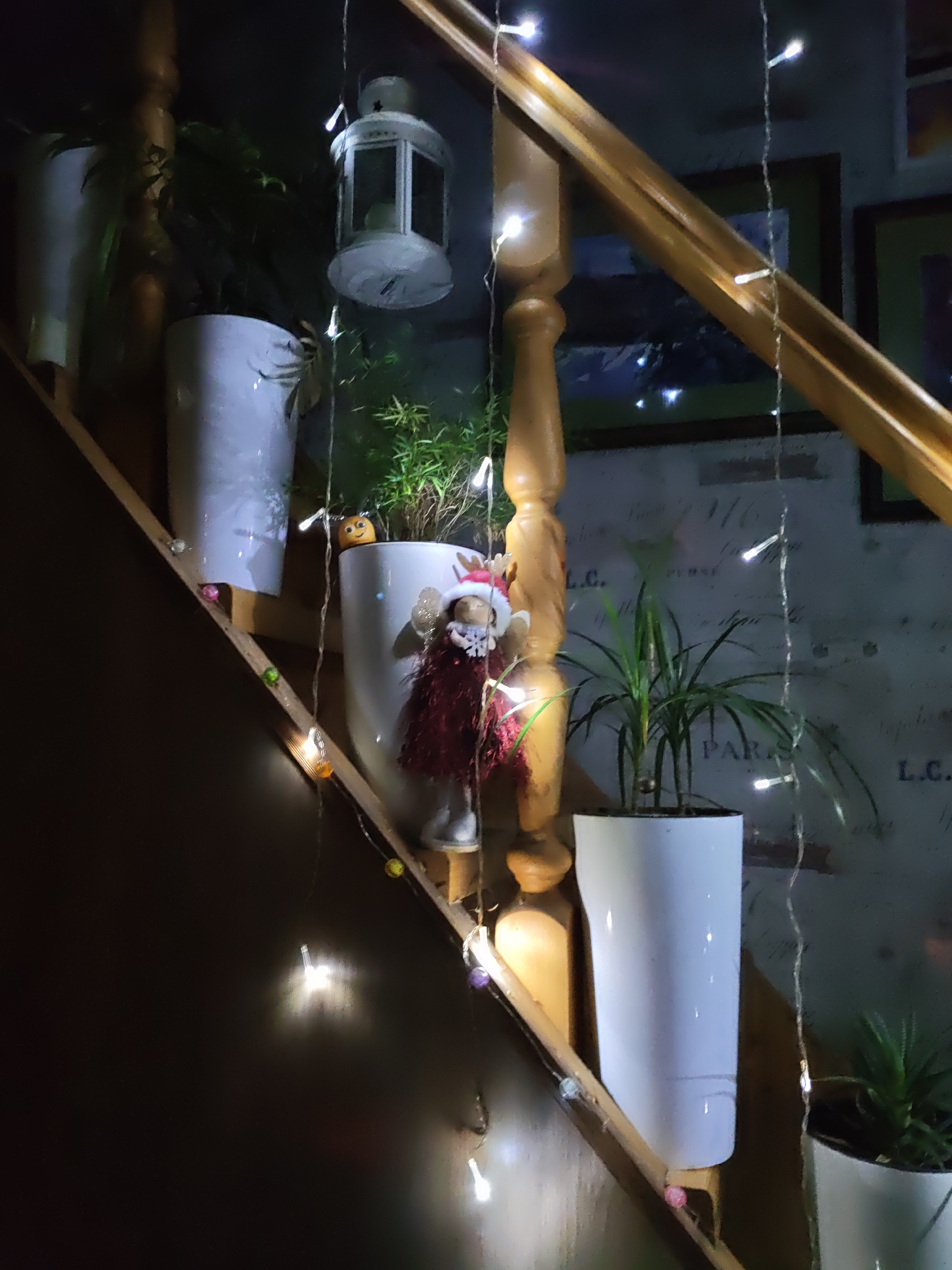 The image shows a dimly lit indoor staircase with several potted plants and decorative elements. The staircase appears to be made of wood, with a wooden banister and railing. Several white planters are placed on the steps, containing green plants. A small figurine of a person in a red dress and a Santa hat is placed in one of the planters. A white lantern hangs from the ceiling, and strings of white fairy lights are draped across the staircase and railing. The background wall has a textured wallpaper with a subtle pattern. The scene is set at night or in a dark room, with the fairy lights providing the primary illumination. There are no visible people or specific landmarks that would indicate the city of Rostov-on-Don, Russia.
