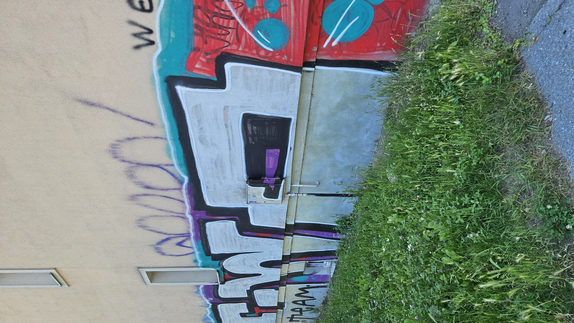 The image depicts a section of a building's exterior wall adorned with graffiti. The wall is painted a light beige color and features two rectangular windows. Below the windows, a large graffiti piece covers the wall. This graffiti includes large, stylized letters in black and white with purple and teal accents. Below these letters, smaller graffiti reads "the AM". To the right of the main graffiti, a red section is also covered in graffiti with teal circles and white lines. The lower part of the wall is a lighter, muted color, possibly concrete, with visible pipes. In the foreground, a patch of overgrown green grass and weeds grows along the base of the building, with a paved surface to the right. The scene appears to be outdoors, suggesting an urban environment. Based on the style of graffiti and the building's architecture, this image is likely located in an urban setting within the city of Prešov, Slovakia.