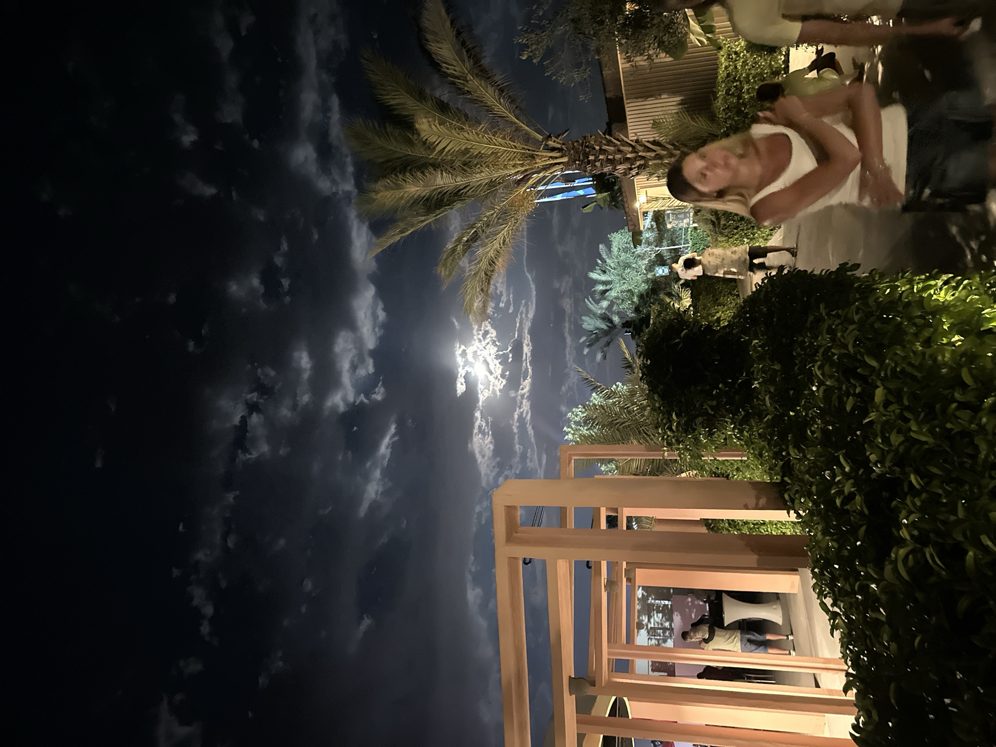 A nighttime photograph captures a scene at a resort in Serik, Turkey, under a dramatic sky. The full moon is visible through a layer of clouds, casting a dim light over the outdoor setting. In the foreground, a woman with blonde hair is walking towards the camera, wearing a white tank top and denim shorts. To her left, a lush green hedge separates the walkway from a light-colored, modern outdoor structure with vertical beams and horizontal panels. Further back, a man stands holding a child on his shoulders, near a white high-top table. Palm trees and other tropical foliage are scattered throughout the scene. The overall atmosphere is illuminated by ambient light, with some artificial lighting visible in the distance.