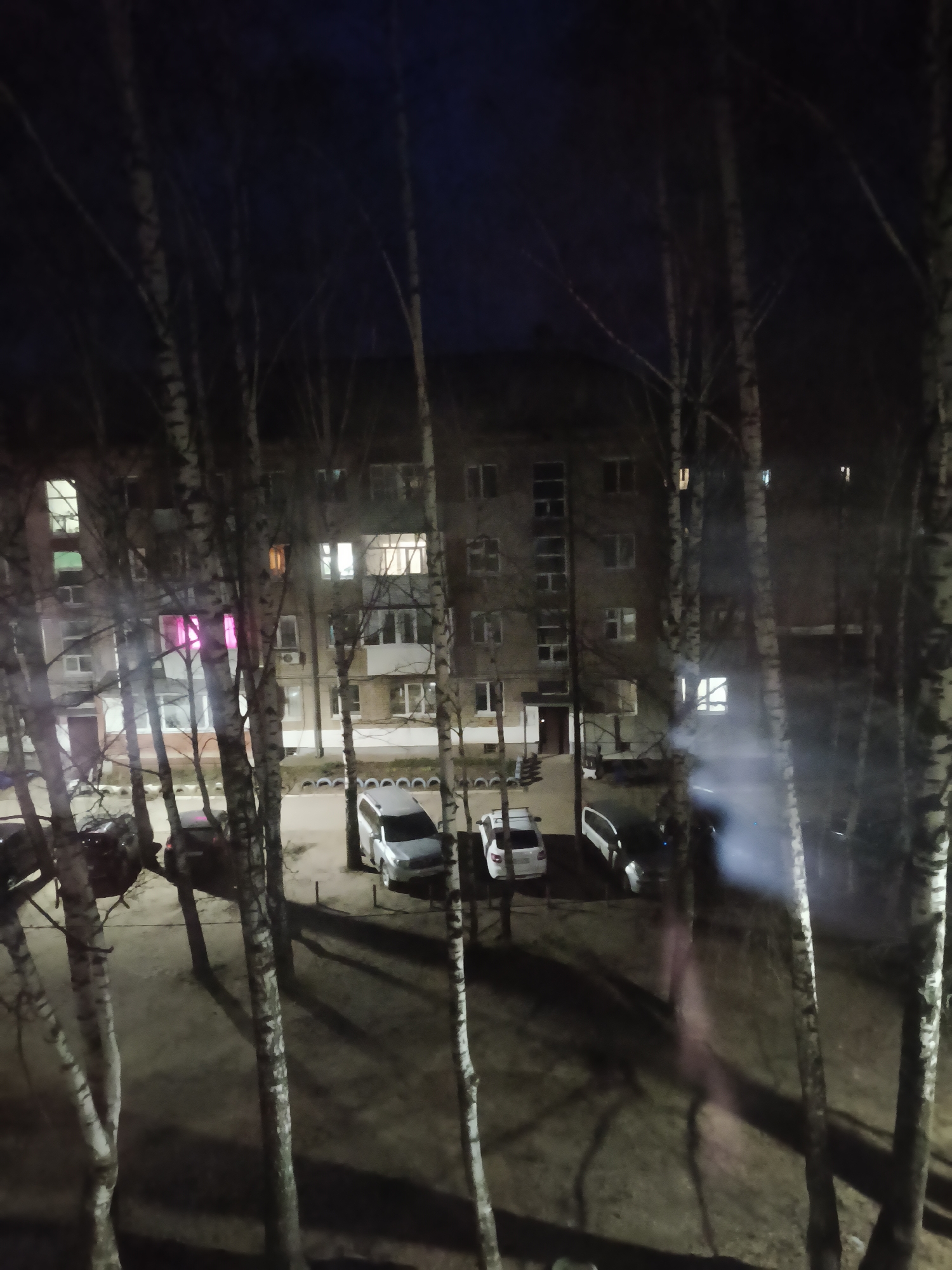 A nighttime, elevated view captures an apartment building in Chaikovsky, Russia, as seen through bare tree branches. The building, several stories high, has multiple illuminated windows. Below, three parked cars are visible in the courtyard. The courtyard appears to be unpaved. One window has pink light.