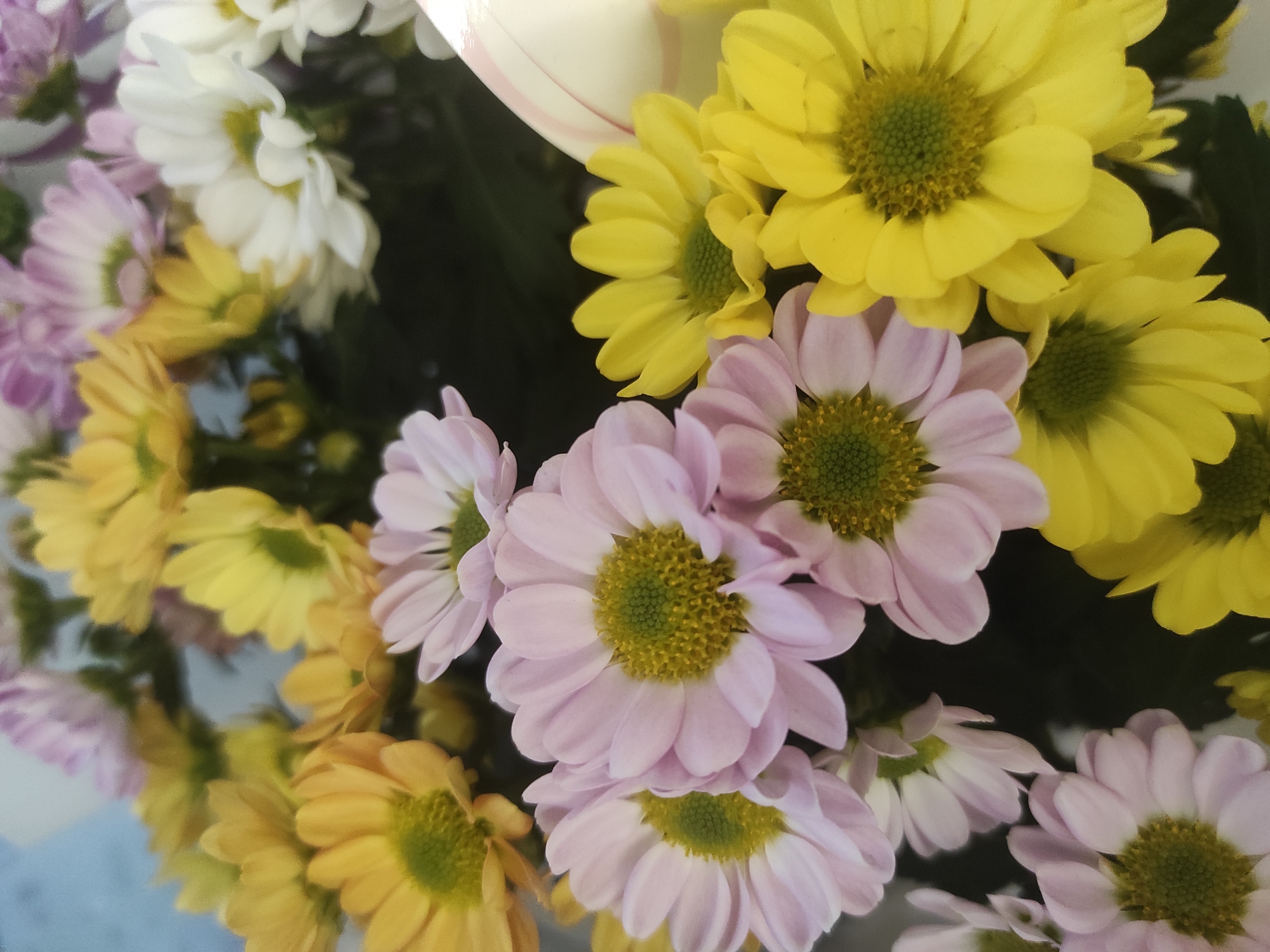The image displays a close-up view of a floral arrangement. The bouquet contains chrysanthemums in various colors including yellow, white, and lavender. The flowers have green centers and are densely packed together. There are no people visible. The exact location within Sofia, Bulgaria, cannot be determined from the image.