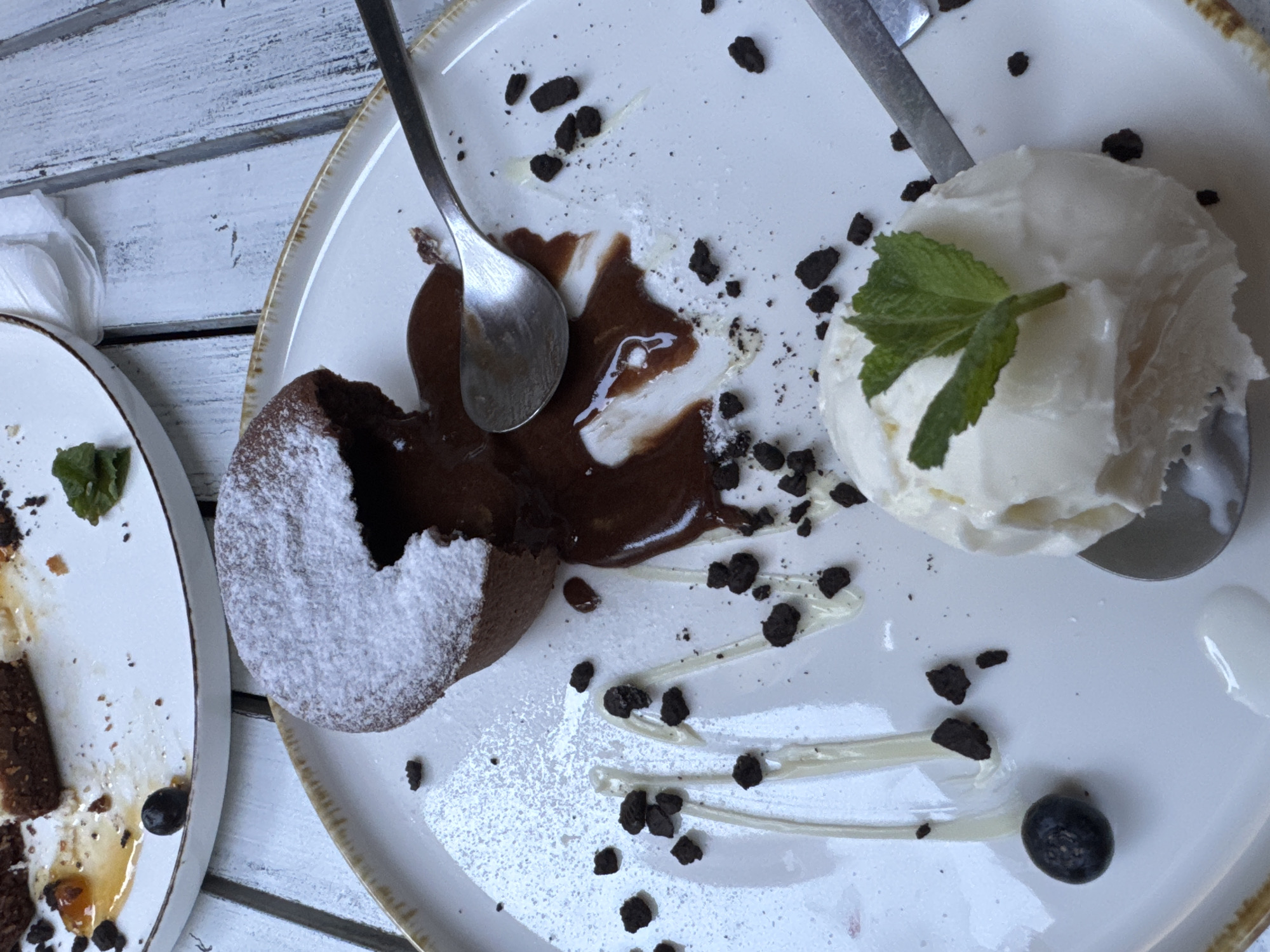 A close-up, overhead shot depicts a dessert plate on a white, wooden table. The dessert includes a chocolate lava cake dusted with powdered sugar, a scoop of vanilla ice cream garnished with mint, chocolate cookie crumbles, and white sauce drizzle. Two spoons rest on the plate. A second plate, containing remnants of cake and a blueberry, is visible on the left. The location of the image is in Sofia, Bulgaria.