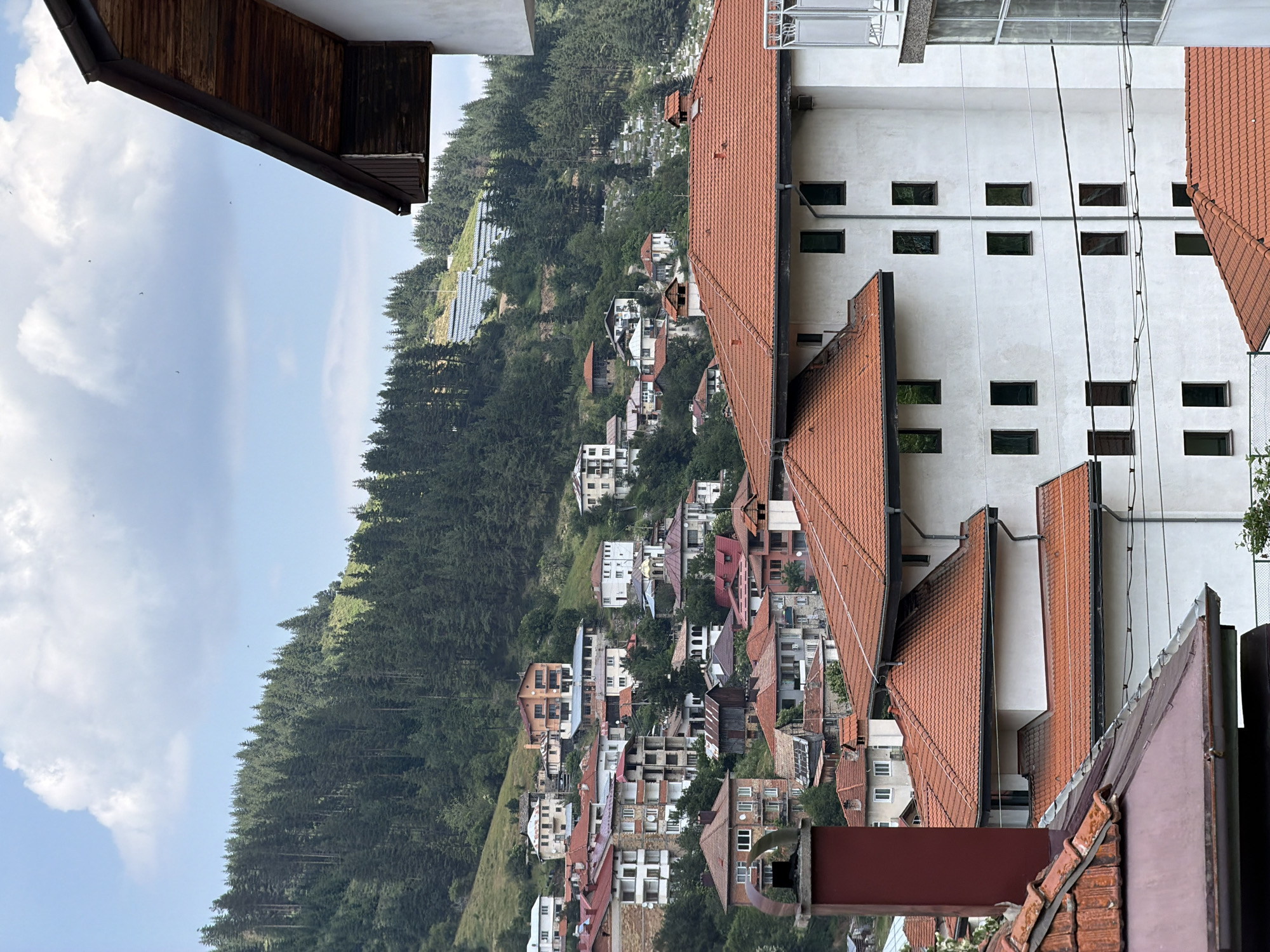 This is a photograph of a hillside village with dense evergreen forests. The image is oriented sideways. In the foreground, a modern white building with many small rectangular windows is visible. Its roof is covered in reddish-brown tiles. To the left of this building, another structure with a wooden facade and a dark, angled roof is partially visible.
Further down the slope, a cluster of houses with red-tiled roofs and white or cream-colored walls are spread across the hillside. Some of these houses appear to be multi-story. The density of the village increases as it descends the hill.
On the left side of the image, a vast expanse of evergreen trees covers the steep slope, creating a thick forest. The sky above is a pale blue with scattered white clouds. A few small birds are visible flying in the sky. On the higher part of the slope, a section of solar panels is visible among the trees.
The scene appears to be set during the daytime, with bright, overcast conditions suggested by the diffused light. The location appears to be a mountainous or hilly region. No people are directly visible in the image. No text is discernable.
