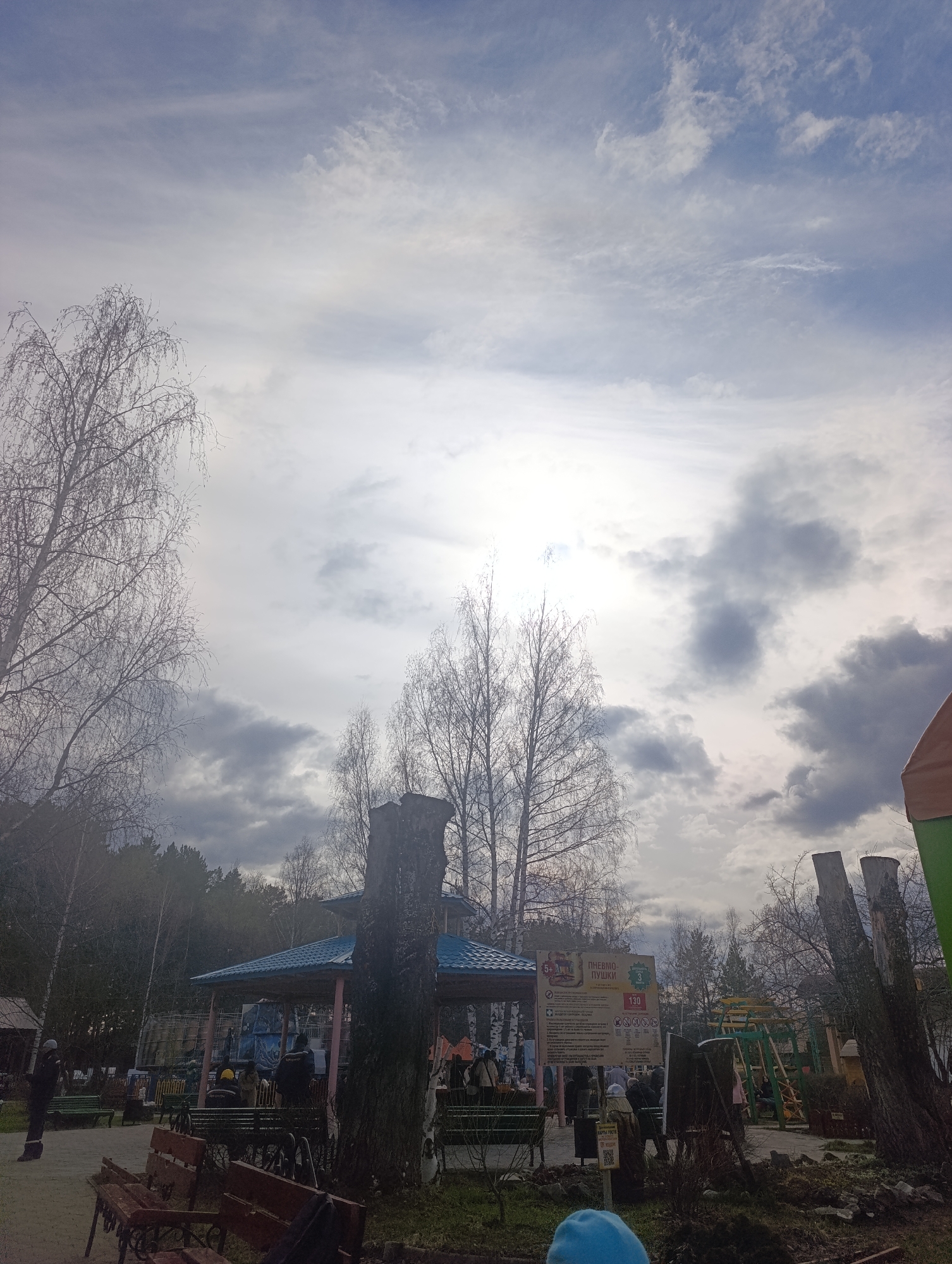 This media file captures an outdoor scene at what appears to be a recreational park or amusement area in Chaikovsky, Russia, likely during late autumn or early spring due to the bare trees. The weather is overcast, with a bright, diffused light source in the sky suggesting the sun behind the clouds, casting a somewhat muted and cool ambiance.
The main subjects include several people, though their faces and specific activities are not clearly discernible. They are gathered around a blue-roofed gazebo or kiosk structure in the mid-ground. One person in a dark jacket and what looks like a white hard hat or helmet is standing on the far left. Another individual in a yellow hard hat is visible near the gazebo.
Dominant natural elements are numerous tall, bare birch trees scattered across the landscape, their fine branches creating intricate patterns against the cloudy sky. The ground is covered with sparse grass and some exposed soil, particularly around the bases of large tree trunks which appear to have been cut or fashioned into decorative elements.
A prominent sign in the middle-right features Cyrillic text. The most readable parts state "ПНЕВМО ПУШКИ" (PNEUMO CANNONS), indicating an air cannon attraction. Below this, "5+" denotes an age restriction, and "130" is likely the price in rubles. A green circle with the number "3" is also visible, possibly indicating the number of shots or minutes. Other text mentions "Ограничения по росту" (Height restrictions), "ВРЕМЯ РАБОТЫ АТТРАКЦИОНА" (Operating hours of the attraction), and a QR code.
In the background, more trees suggest a forested area, and some colorful playground equipment (yellow and green) can be seen behind the sign. Several dark wooden benches are visible in the foreground and mid-ground. The overall scene depicts a functional, albeit quiet, recreational setting on a cloudy day.