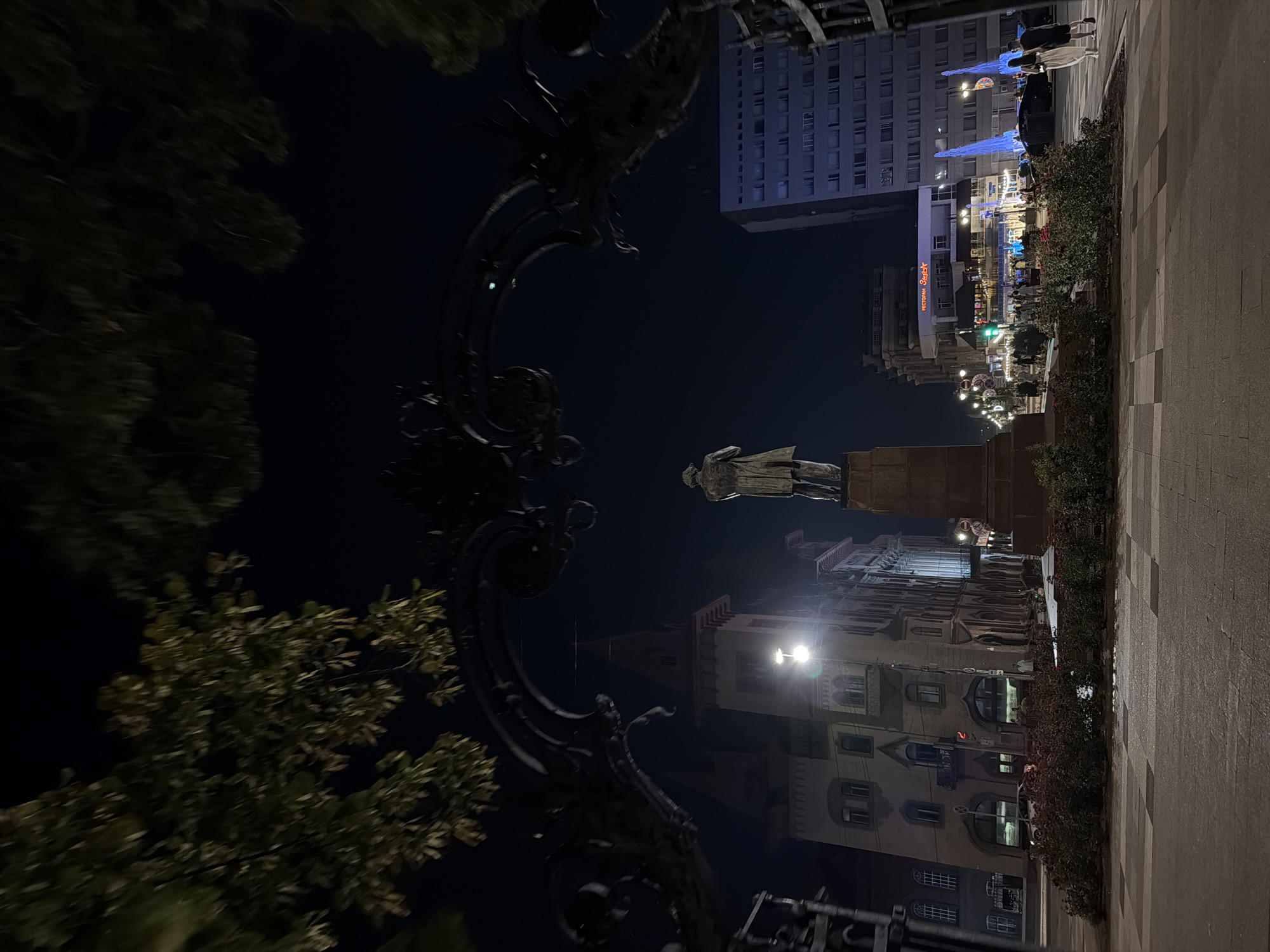 The image depicts a nighttime view of the Victory Park in Saratov, Russia. A statue of a man stands prominently in the foreground, positioned on a pedestal. In the background, a multi-story building with many windows is visible, illuminated from within. To the left of the statue, a building with an ornate facade and a pointed roof is seen. The street in front of the buildings is paved with light-colored tiles, and a band of red flowers runs along the edge of the pavement. Several people are walking on the street, and cars are present. The sky is dark, indicating it is nighttime, and decorative lights and a fountain are visible in the distance. The scene is framed by the dark, silhouetted branches of trees and an ornate, dark metal archway in the upper portion of the image.