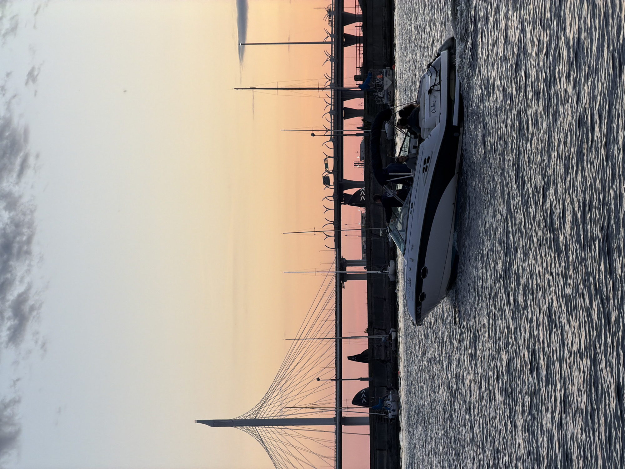 This is a photograph of a boat on the water with a bridge in the background at sunset. The boat is white with a black stripe and has several people on board. The bridge is a large cable-stayed bridge with a distinctive tower. The sky is a gradient of pink and orange, with some clouds. The water is dark and rippling. The scene appears to be in Saint Petersburg, Russia, likely on the Gulf of Finland or one of the city's canals. The bridge is likely the Western High-Speed Diameter.