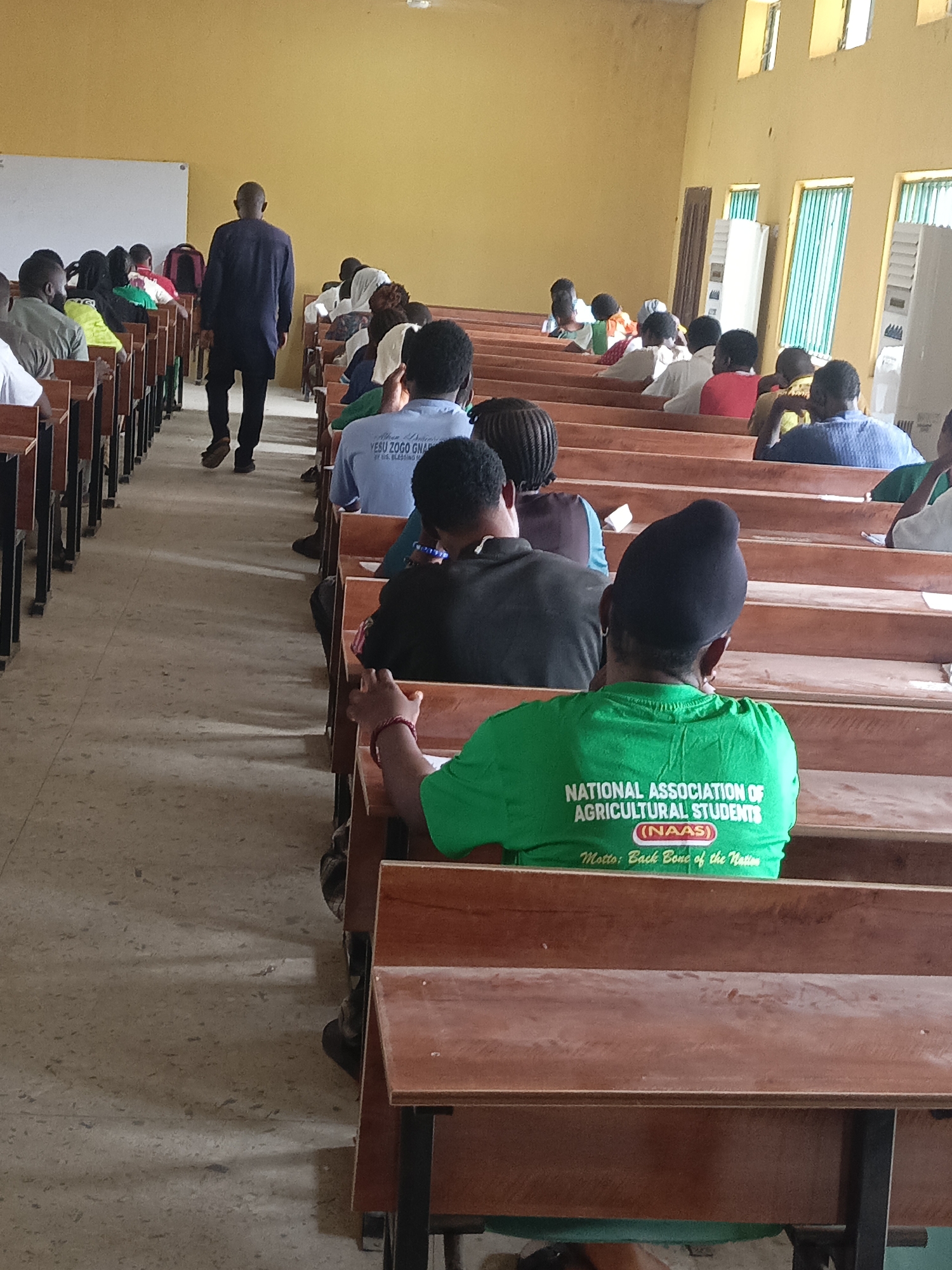This media file presents an indoor scene within a classroom or lecture hall, located in Akwanga, Nigeria. The room features yellow-painted walls, a light-colored concrete floor, and multiple rows of wooden desks and benches with metal frames, set up for a group of people.
The subjects are numerous students seated in these rows, facing towards the front of the room. In the central aisle, a man, seen from behind, walks towards the front where a large whiteboard is visible on the left wall. Natural light streams in from windows on the right wall, some of which are fitted with vertical blinds.
The event taking place appears to be a class, lecture, or a meeting. The students are seated in an organized manner, suggesting an attentive environment. While individual emotions are not discernible as most subjects are viewed from behind, the overall atmosphere seems studious. The time of day is clearly daytime, indicated by the natural light.
Visible text on clothing provides specific details: a light blue t-shirt bears the inscription "YESU ZOGO GNAR" and additional smaller text "BY DIE. BLESSING M". Most notably, a bright green t-shirt worn by a person in the foreground proudly displays "NATIONAL ASSOCIATION OF AGRICULTURAL STUDENTS (NAAS)" followed by its motto: "Back Bone of the Nation". This identifies a significant portion of the attendees as members of an agricultural student association.