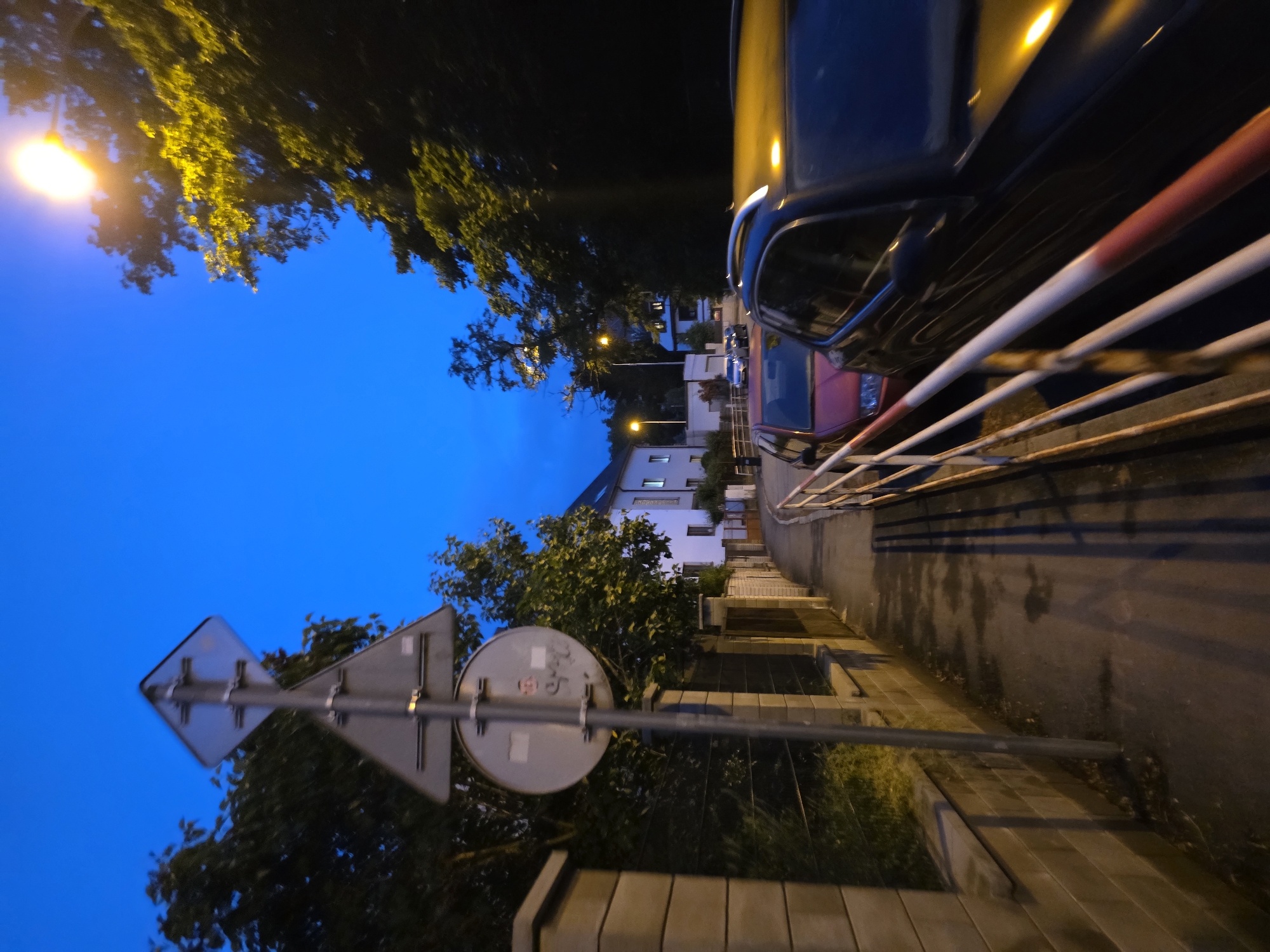 A low-angle, wide shot captures a residential street scene at dusk. In the foreground, a sidewalk is bordered by a reflective metal guardrail and a low stone wall. Two cars are parked on the street, with the front of a black SUV visible on the right, and a red sedan further down on the left. The sidewalk leads towards a street lined with houses and trees. A traffic signpost with multiple signs stands on the left side of the sidewalk. The sky is a deep twilight blue, and a streetlamp illuminates the trees on the right. The overall impression is one of a quiet, suburban evening.