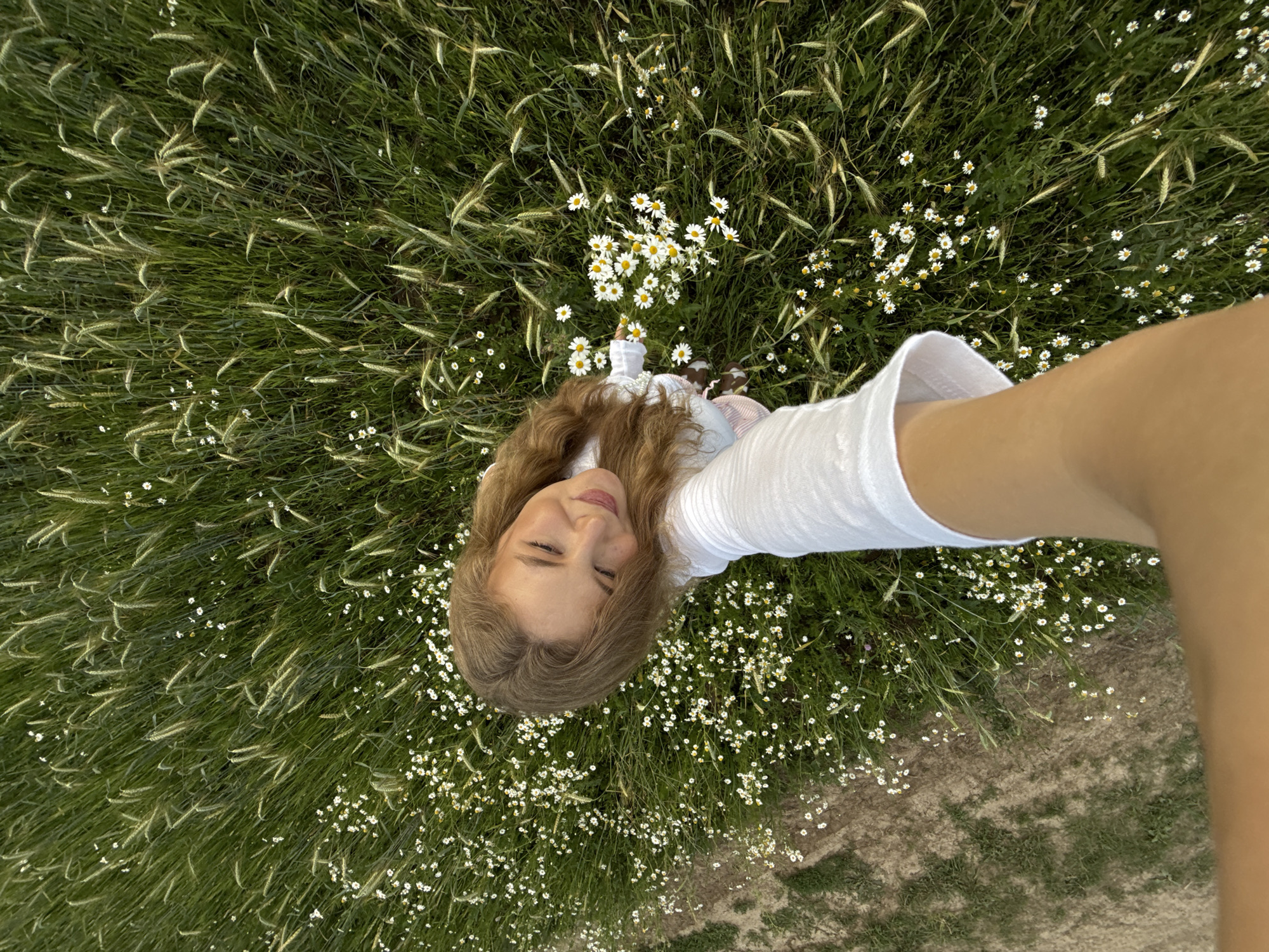 An overhead shot captures a young woman lying in a field of grass and daisies. She is looking upwards with her eyes closed and a gentle smile on her face. Her long, wavy blonde hair is spread around her. She is wearing a white, long-sleeved shirt. Her right arm is extended towards the camera, holding a bouquet of daisies. The field is dense with green grass and interspersed with numerous white daisies. The ground to the left of the image appears to be a dirt path or a less vegetated area. The scene is set in a natural outdoor environment, possibly a meadow or a field on the outskirts of the city of Snovitsy, Russia.
