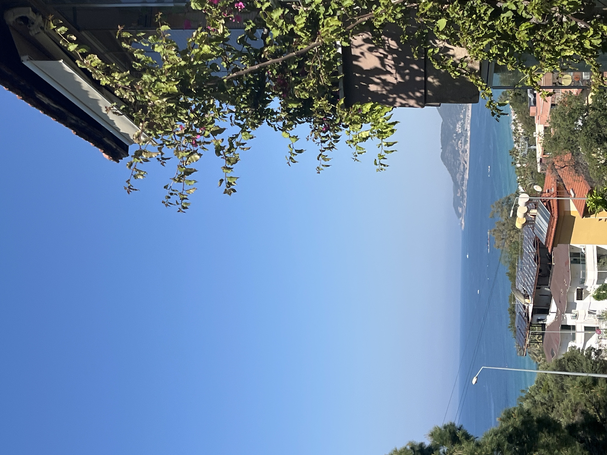 This image presents a picturesque coastal vista, likely in Alanya, Turkey, under a clear, bright blue sky. The viewpoint is elevated, looking down towards the sea and distant mountains.
In the immediate foreground, from the top of the frame, lush green foliage, possibly bougainvillea with small pink blossoms, hangs downwards, partially framing the scene. On the top-left, a section of a building's terracotta-tiled roof and a white awning or gutter are visible. On the top-right, leaf shadows are cast upon a building wall.
The midground is dominated by the expansive, deep blue Mediterranean Sea, appearing calm and dotted with a few tiny white specks that suggest boats or buoys. Beyond the sea, a large, hazy mountain range forms the distant horizon, with a scattering of buildings visible along its base, indicating a coastal settlement.
On the right side of the image, closer to the foreground, more buildings with distinctive terracotta roofs and white or light-colored facades are nestled among verdant trees. Several solar panels are clearly visible on the rooftops of these structures. A tall, white streetlamp stands upright on the right, extending into the lower portion of the frame.
The image conveys a sense of a peaceful, sun-drenched day, likely morning or early afternoon, given the clear skies and the play of light and shadow. No specific activity or event is taking place, and no discernible text is visible. The scene evokes the tranquility and beauty of a Mediterranean seaside town.