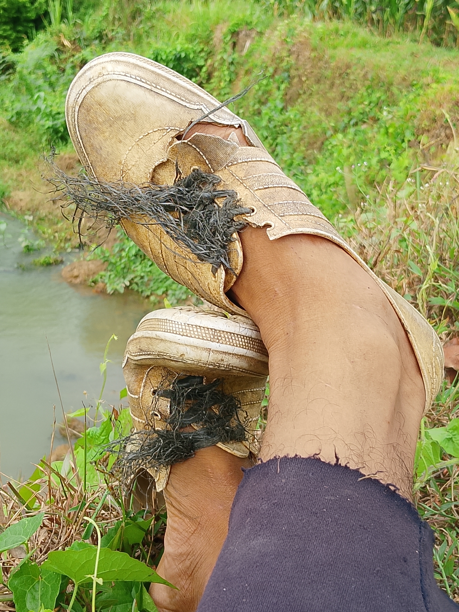 A pair of worn, light-brown shoes with frayed black material are on a person's feet, positioned near a body of water. The shoes are damaged, with a significant amount of the material torn and hanging out. The person's legs are visible, with dark blue fabric extending up one leg, appearing to be torn at the edge. The background consists of dense green foliage, suggesting a natural, outdoor environment. The scene is likely set in a rural area of Indonesia, given the presence of lush vegetation and what appears to be a river or stream.