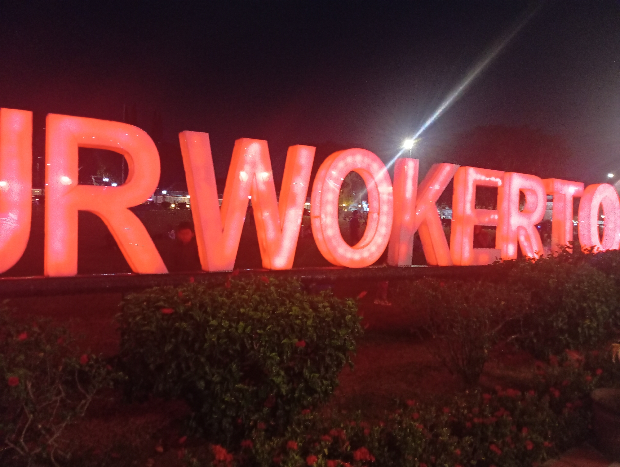 A nighttime, eye-level, long shot captures a large, illuminated sign in the city of Purwokerto, Indonesia. The sign, made of large, glowing red-orange letters, spells out "PURWOKERTO". The letters are inflated and appear to have internal lighting. The sign is positioned above a bed of dark green bushes with small red flowers, which are lit by the sign's glow. The background is dark, with the black night sky visible. A bright light source, possibly a street lamp or a light pole, is visible in the upper right quadrant of the image, creating a strong glare and a light streak across the sky. There are hints of other structures and lights in the distance behind the sign, suggesting an urban environment. No people are clearly visible in the image.