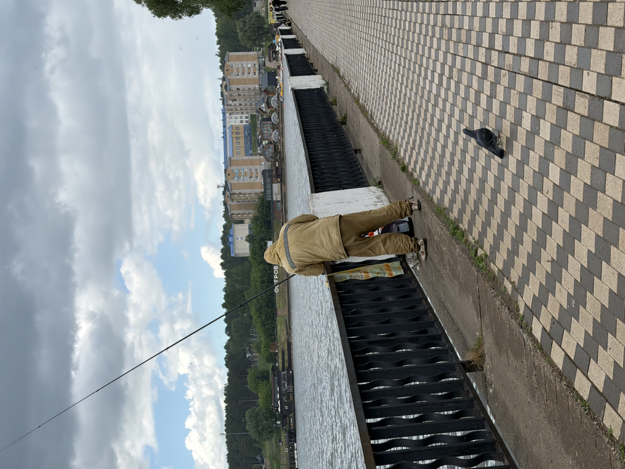 A man fishes on the bank of the Votkinsk Reservoir in Votkinsk, Russia. He wears a light brown jacket and pants. He casts a fishing rod into the water. A pigeon stands on the checkered brick sidewalk next to the man. Buildings and trees are visible across the reservoir. The sky is overcast.