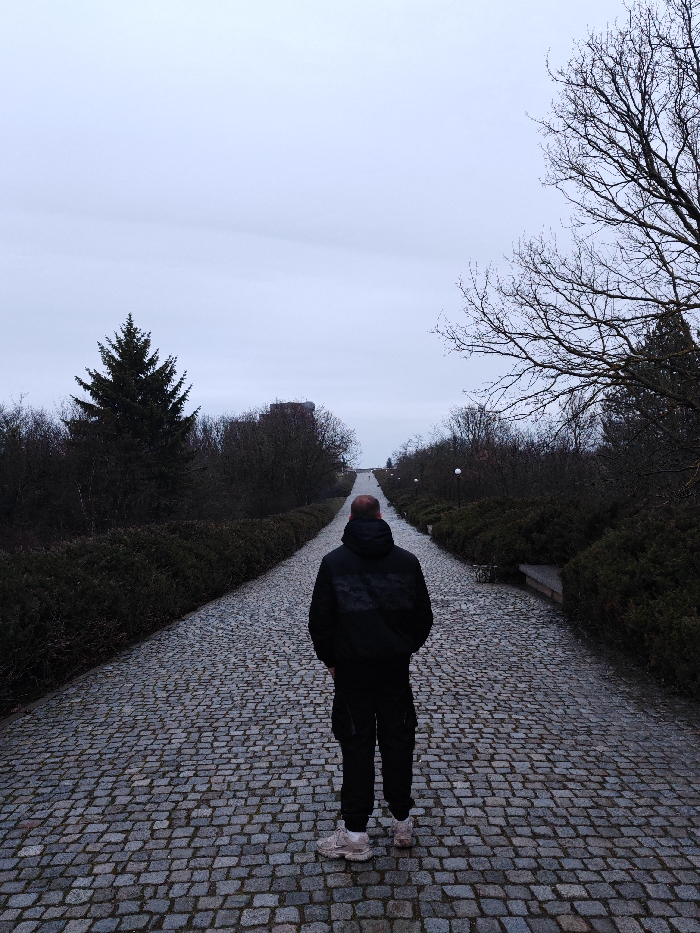 A lone individual stands on a wide, uphill-sloping cobblestone path leading towards the Monument to 1300 Years of Bulgaria (Founders of the Bulgarian State Monument) in Shumen, Bulgaria. The path is bordered by dense, dark green shrubs and mature trees, including a prominent evergreen conifer on the left and bare deciduous trees on both sides. Multiple spherical streetlights are visible along the right edge of the path, receding into the distance. The sky is uniformly overcast and light gray. The person, a male with a bald head, is viewed from behind, wearing a black hooded jacket with a subtle dark pattern on the upper back, dark cargo pants, and light-colored sneakers with thick soles. The individual is stationary, facing the distant monument at the top of the incline.
