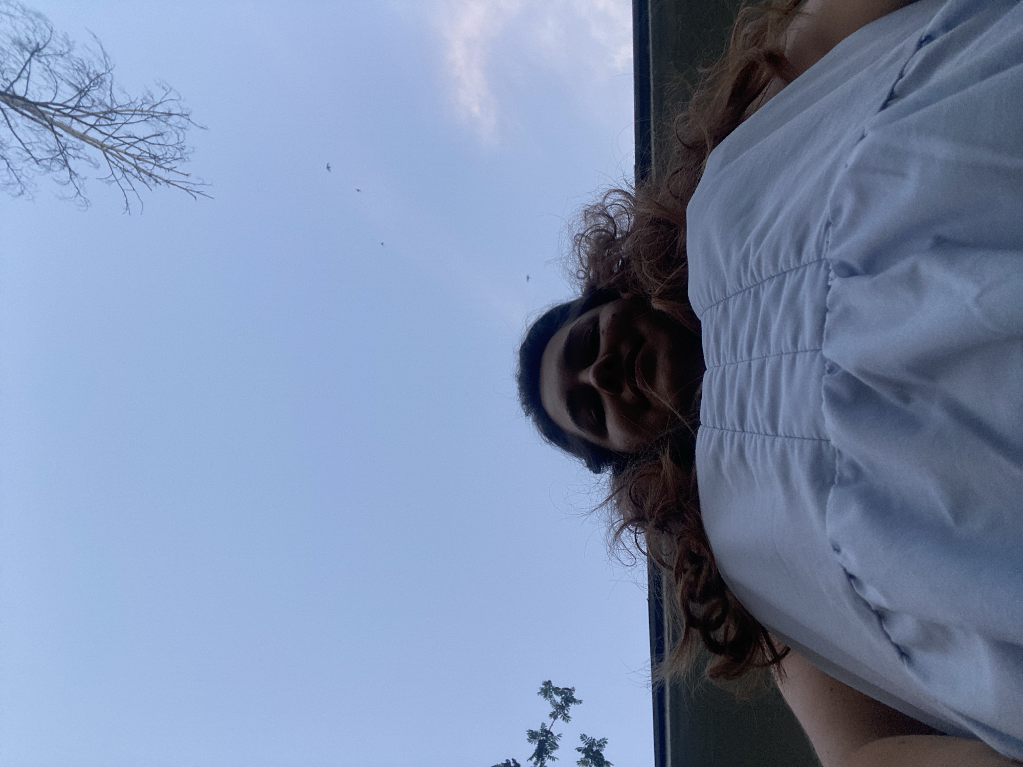 A low-angle, wide shot captures a person from the chest up against a pale blue sky. The person's face is visible in the upper center of the frame, looking directly at the camera. They have long, wavy, reddish-brown hair that frames their face and flows down their shoulders. They are wearing a light blue garment, possibly a dress or shirt, with textured ruching across the chest and a gathered or ruffled hem visible at the bottom of the frame. A dark horizontal line, likely the edge of a building or roof, runs across the middle ground, just below the person's head. In the upper portion of the sky, a bare tree branch extends from the upper right corner, and three small, dark silhouettes that appear to be birds are visible in the distance. The overall lighting suggests it is daytime, possibly late afternoon or early morning, with soft, diffused light. The scene appears to be outdoors in a residential or natural setting.