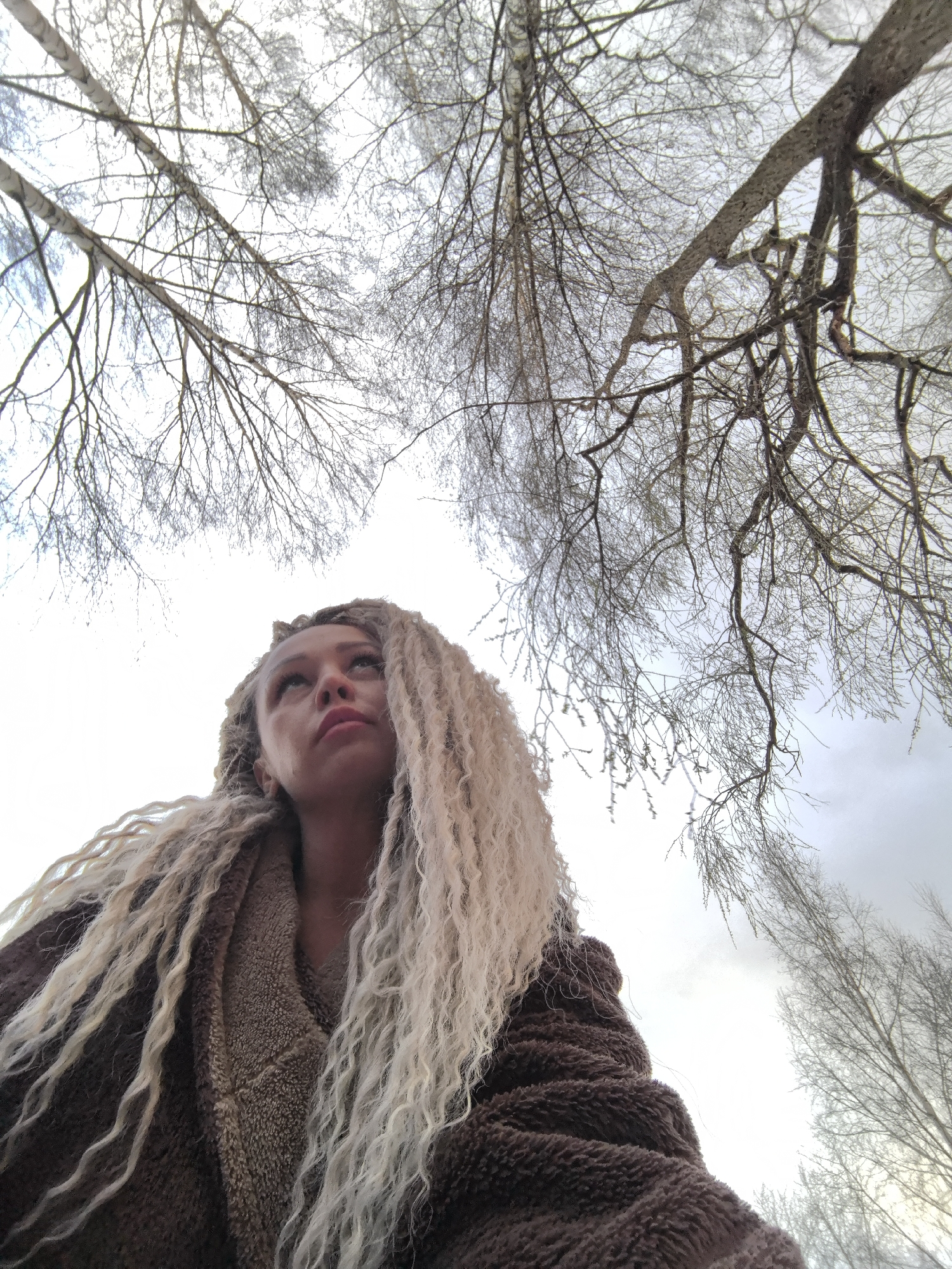 An eye-level or slightly low-angle shot captures a young woman looking upwards towards a canopy of bare trees against an overcast or bright white sky. The woman is positioned in the lower-middle of the frame, with her face visible from the chin up, featuring a thoughtful expression as she gazes skyward. She has very long, voluminous, light blonde, curly or wavy hair that cascades around her shoulders. She is wearing a brown, thick, fuzzy, and textured garment, possibly a coat or robe, which occupies the lower portion of the image.
The background is dominated by a dense network of leafless tree branches, likely birch trees due to their characteristic bark visible on some trunks. The branches extend across the entire upper half of the image, silhouetted against the bright, featureless sky. The trees suggest a winter or early spring/late autumn setting, aligning with the implied cold weather. The overall scene conveys a quiet, contemplative moment outdoors in Noviy, Russia. There is no visible text in the image.