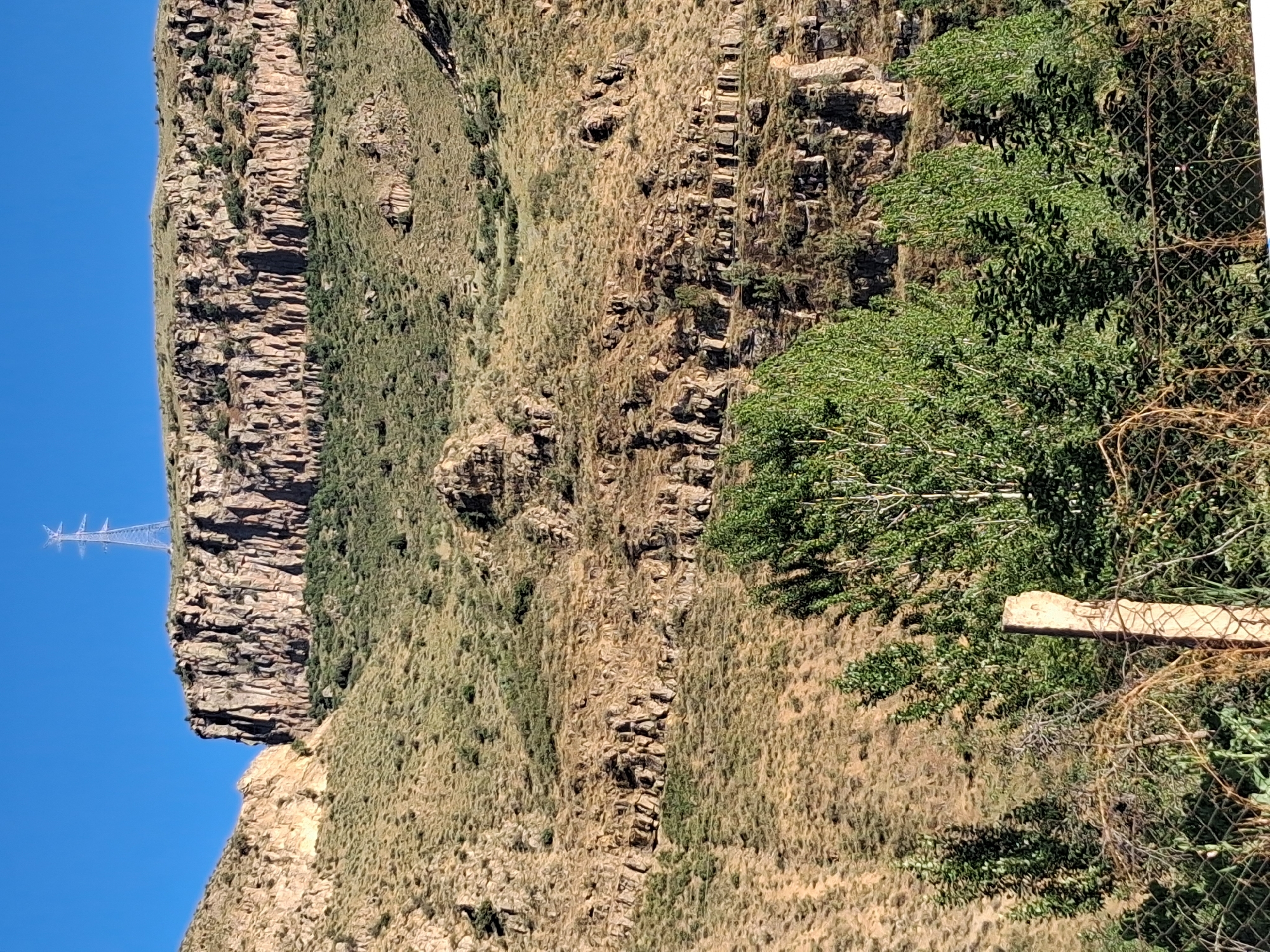 The image captures a steep, rocky mountainside covered in dry grass and sparse vegetation. A prominent cliff face with layered rock formations dominates the left side of the frame, with a towering electrical pylon visible in the distance on the summit. The right side of the image shows more of the grassy slope, with a cluster of green trees partially obscuring a wire fence and a weathered wooden post. The scene appears to be set in a dry, arid environment under a clear blue sky, suggesting a sunny day. The orientation of the image is rotated 90 degrees counter-clockwise. There is no visible text. The setting suggests a natural landscape, possibly a mountainous region in Shatin, Armenia, given the location context. The overall impression is one of rugged, untamed nature.