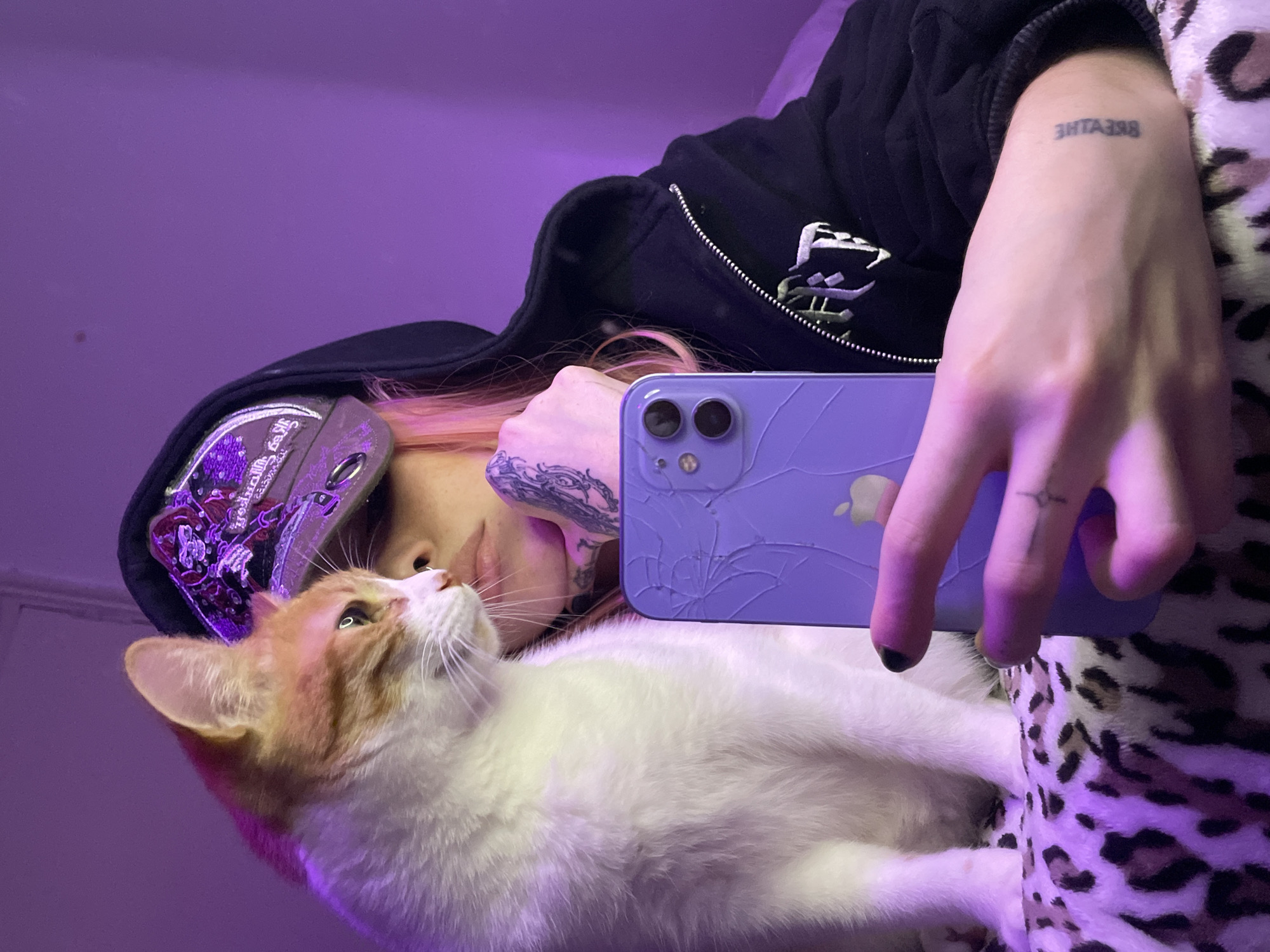 A low-angle indoor shot under purple lighting depicts a person lying down, likely on a bed given the presence of a patterned blanket. The person, who appears to be young, wears a dark hooded jacket and a baseball cap. Their pink hair is partially visible. They are holding a purple cell phone with a cracked screen, presumably taking a selfie. A white and orange cat is lying close to the person. The person has tattoos on their wrist and hand. The scene is domestic and seemingly casual. The location, Buenos Aires, Argentina is not evident from the image.