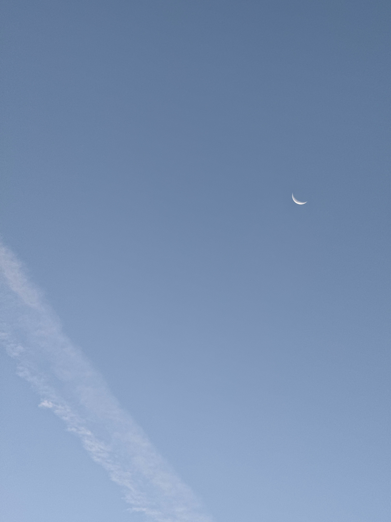 The image depicts a clear, pale blue sky with a crescent moon visible in the upper right quadrant. A faint, wispy cloud formation stretches diagonally across the lower left portion of the sky. The scene is devoid of any man-made structures or human presence, suggesting an open, natural environment. There is no indication of the specific location within Mejaniga, Italy.