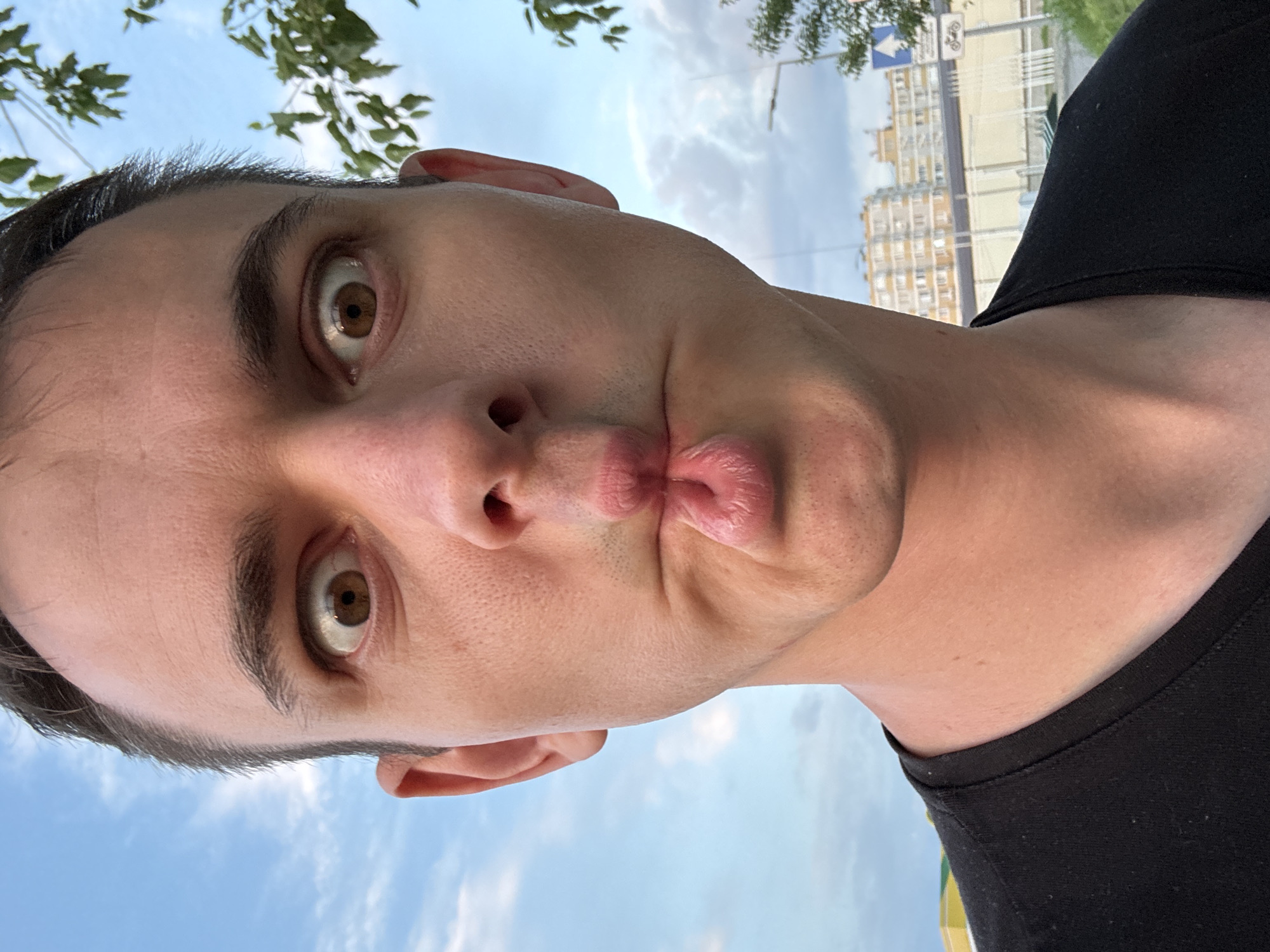 A close-up, chest-up, selfie-style shot shows a Caucasian male with brown eyes and dark hair making a fish-face expression. He is wearing a black t-shirt. The background is a cloudy blue sky with some trees on the right. In the distance, there are buildings and a street sign. The image appears to have been taken outdoors during the day in Krasnodar, Russia.
