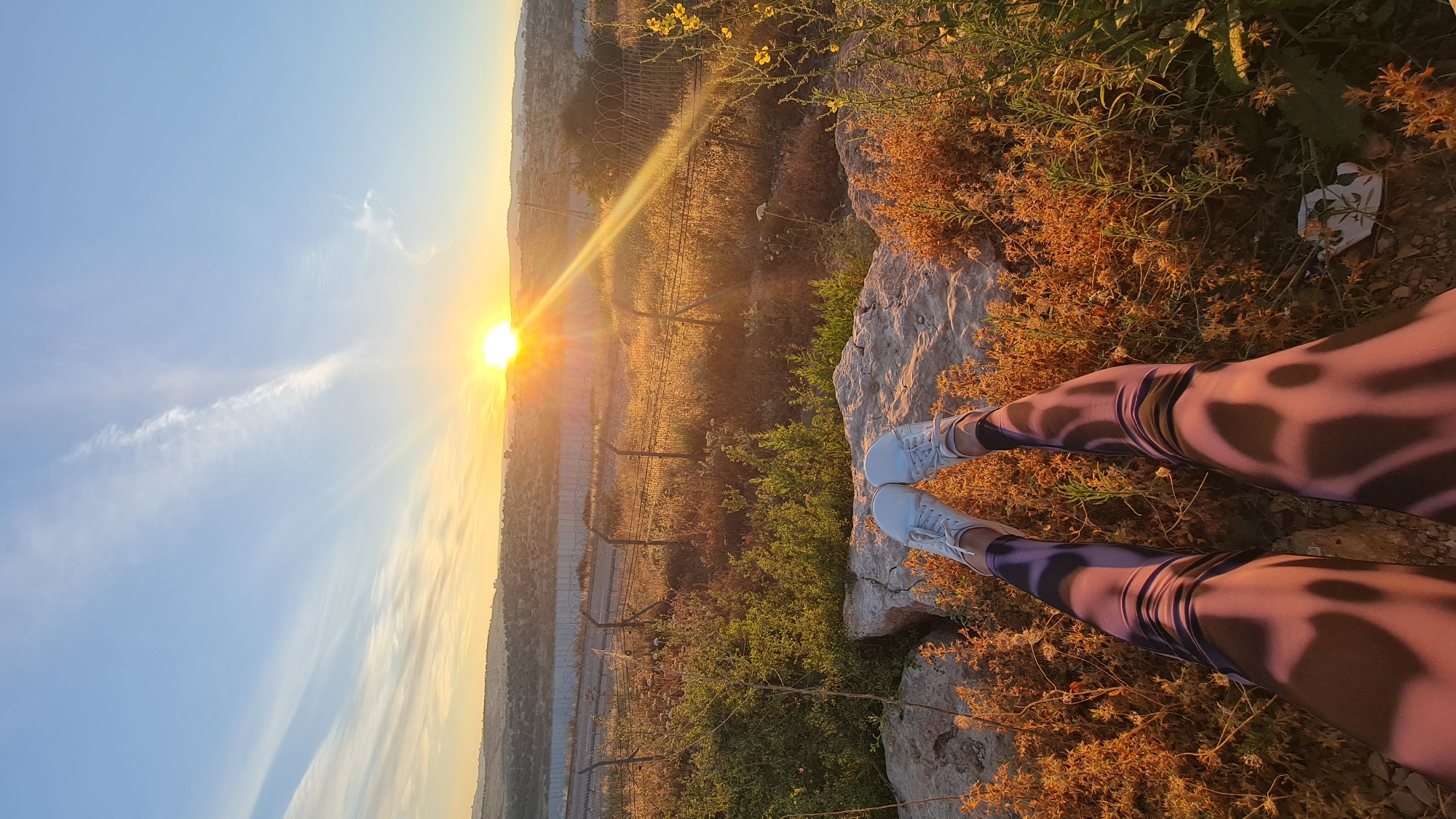 A person wearing purple leggings and white sneakers sits on a rocky ledge. The view is from above looking down at their legs, which are surrounded by low-lying vegetation. Beyond the ledge, there is a landscape with a fence running through it and sparse greenery. In the distance, the sun is setting, casting a golden light across the scene. This image was taken in Lachish Regional Council, Israel.