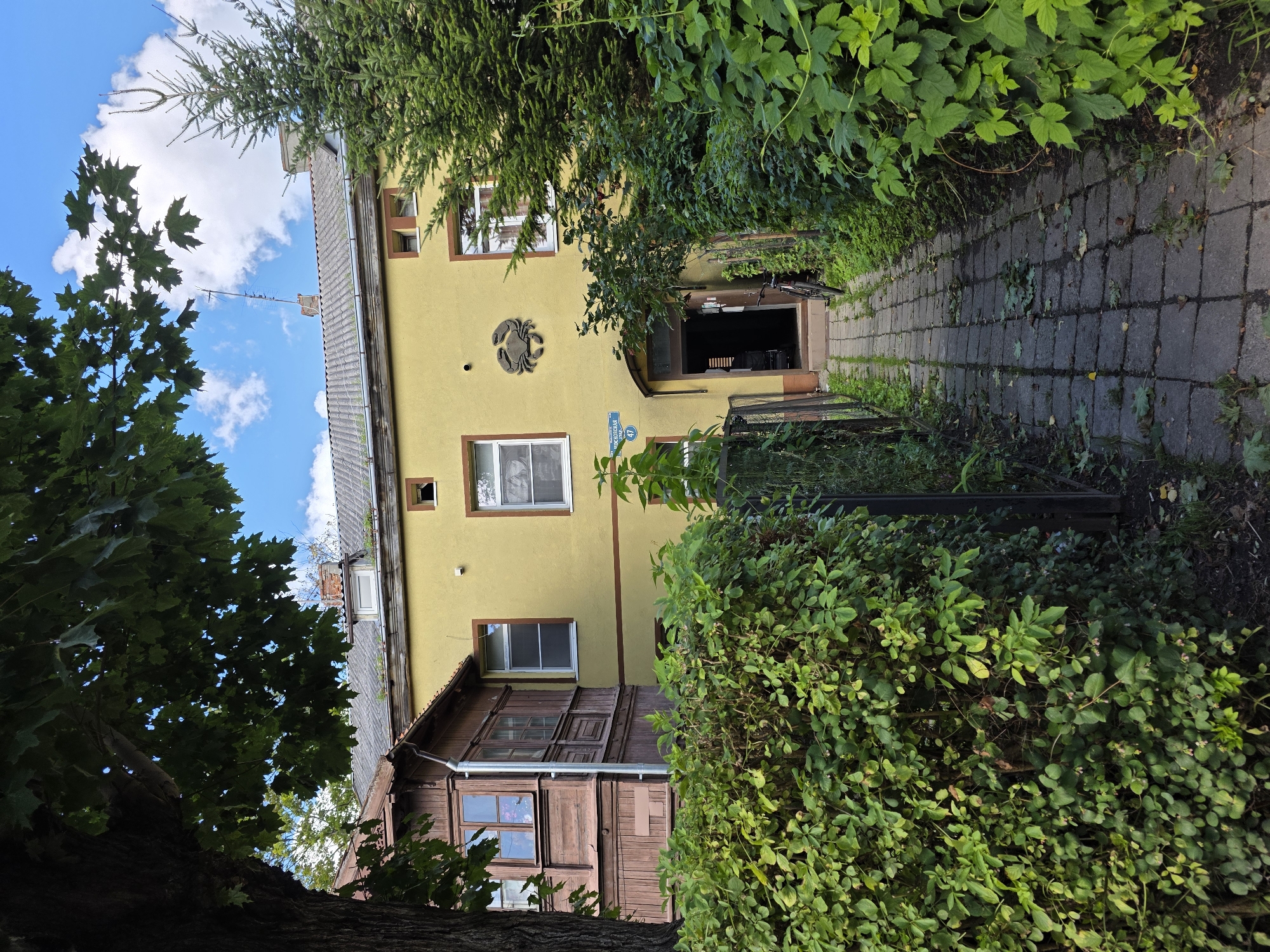 The image depicts a pathway leading to the entrance of a two-story building with a yellow facade, located in Zelenogradsk, Russia. The building has several windows with white frames and brown trim. Above the entrance, a decorative crab motif is mounted on the wall. To the left of the entrance, a street sign with Cyrillic lettering and the number "47" is visible. A dark wooden structure with balconies adjoins the yellow building on the left. Lush green foliage, including a dense hedge and a tall evergreen tree, frames the pathway and the building. The sky is blue with scattered clouds. A bicycle is parked near the entrance.