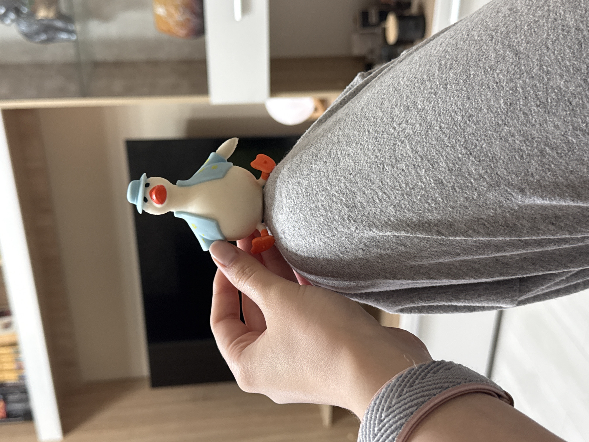 A hand is holding a small figurine of a duck wearing a blue hat and vest. The hand is wearing a gray and pink bracelet. In the background, there is a television and a shelf with various items on it. The background appears to be a living room or similar interior space. The location in the city is Unknown, Unknown.