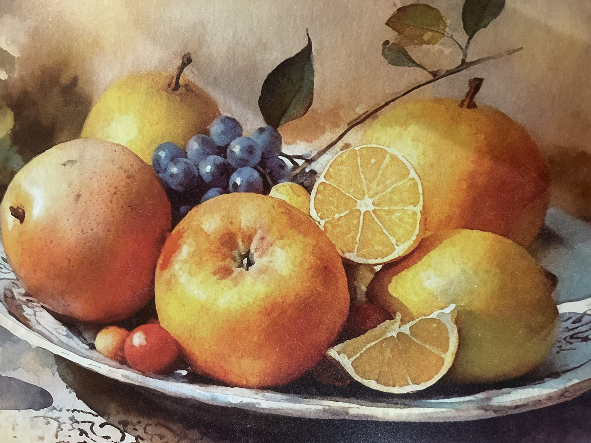 This is a watercolor painting of a still life featuring an assortment of fruits in a bowl. The fruits include apples, pears, grapes, and citrus slices. The colors are vibrant and the textures are soft and blended, characteristic of watercolor. The background is a warm, muted tone. The painting is an artwork and does not depict a specific location in Minsk, Belarus or any real-world environment. There are no people, actions, or interactions depicted.