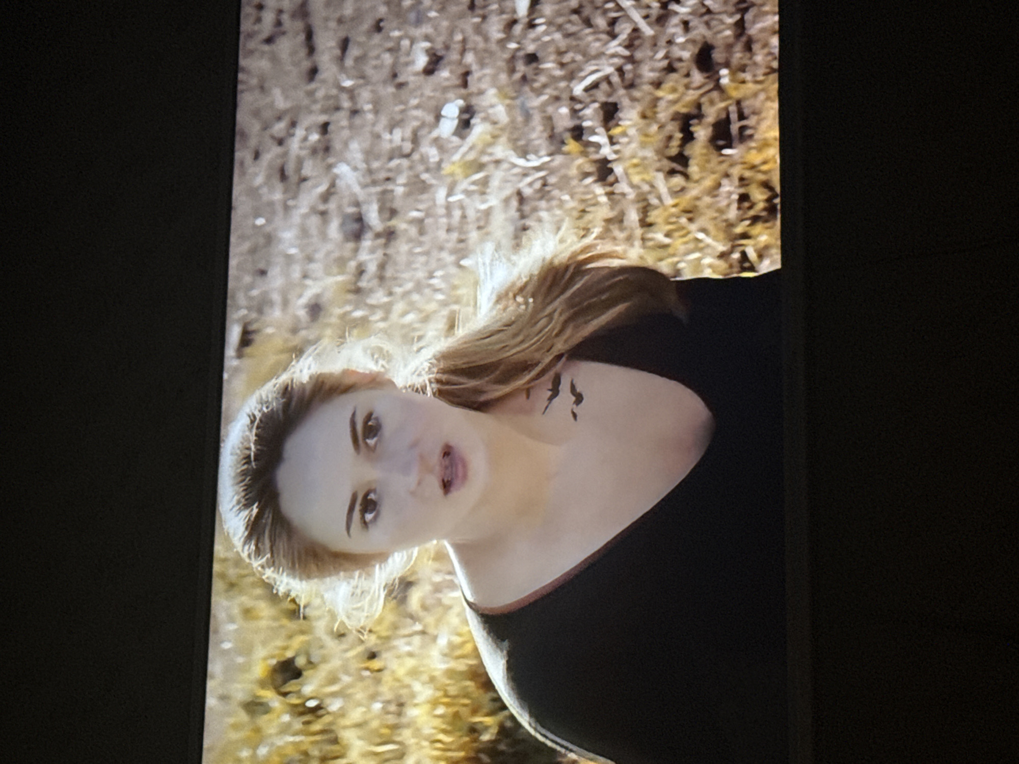 A medium-shot photograph depicts a fair-skinned woman with blonde hair partially styled in a ponytail. She has a wide-eyed expression and slightly open mouth. On her upper chest, a tattoo of several flying birds is visible. She wears a dark-colored, low-cut garment. The background is a blur of vegetation and light, suggesting a natural outdoor setting. The image appears to be rotated counterclockwise. Location is not discernible from the image.
