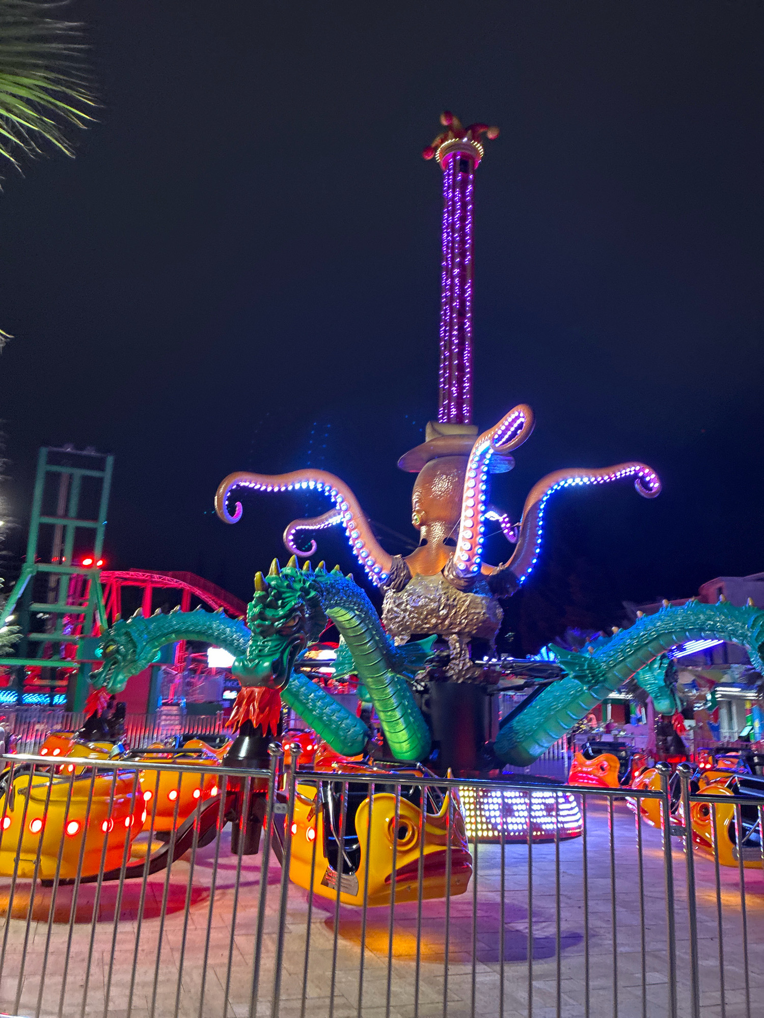 An amusement park ride featuring a central octopus-like structure with illuminated tentacles and a tall, purple, light-adorned tower is visible at night. The ride has multiple vehicles that appear to be dragon-themed, with yellow and red coloring and illuminated circular lights. The vehicles are surrounded by metal fencing. In the background, other amusement park structures with colorful lighting, including a green roller coaster or similar attraction, are present. The scene suggests a lively nighttime amusement park environment. The location is identified as Sochi, Russia.