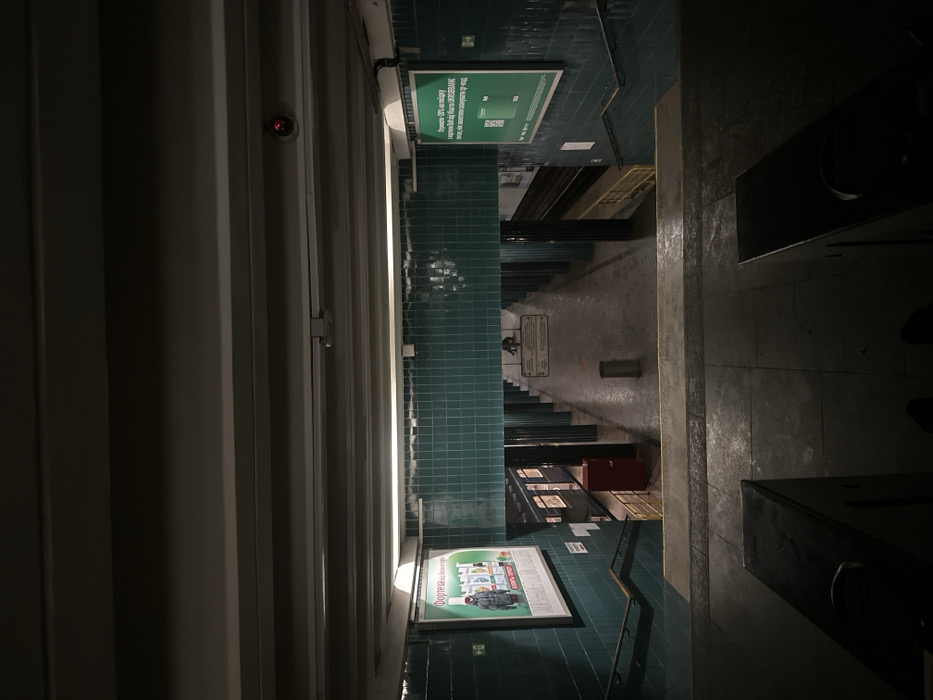 The image displays the interior of a metro station in Kyiv, Ukraine, observed from the top of a staircase descending towards the platform. The environment is dimly illuminated by artificial overhead lighting, creating deep shadows.
The walls bordering the staircase and extending along the platform are clad in dark teal square tiles. The ceiling is a light, flat surface, from which a small red indicator light or security camera is visible on the right side.
In the immediate foreground, two dark, rectangular structures, possibly turnstiles or barriers, are partially visible. A set of stairs with dark handrails descends into the station.
Two prominent advertisements are mounted on the tiled walls. On the left, a vertical poster in Ukrainian advertises "ФОРТЕЗА від болю та жару" (FORTRESS from pain and fever), featuring a person in winter clothing. On the right, a horizontal poster with a green background displays a QR code and the "УКРСИББАНК" (Ukrsibbank) logo, mentioning a "20%" offer.
The station platform is long, extending into the background, supported by a series of dark, round pillars. The platform floor appears to be paved or concrete, exhibiting areas of surface reflection. A red cabinet, consistent with a fire extinguisher enclosure, is situated on the left side of the platform near the stairs. A cylindrical metal trash receptacle stands centrally on the platform further down.
On the left side of the platform, a metro train is stopped, with its windows reflecting light. To the right of the platform, the metro tracks are visible.
One individual is discernible on the far end of the platform, appearing to be in a seated or crouched position near a pillar. Their specific action is indistinct due to the distance and low lighting conditions.
