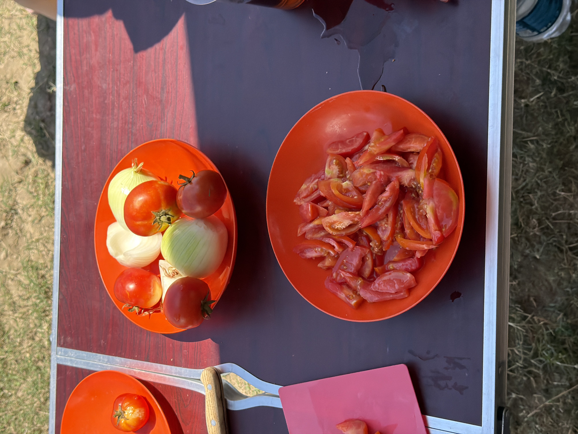 An overhead, medium shot captures a portable picnic table set outdoors on dry grass, with sunlight casting shadows. The table surface is a dark, wood-grained laminate. On the left, an orange plastic plate holds a single, slightly bruised tomato. Next to it, a pink cutting board and a barbecue spatula with a wooden handle are visible.
To the right of the cutting board, a larger orange plastic plate contains whole tomatoes and peeled onions. Specifically, there are three red tomatoes of varying sizes, one partially peeled white onion, and one partially peeled green onion.
Further to the right, a third orange plastic plate is filled with chopped tomatoes, sliced lengthwise. Some of these tomato slices appear juicy and some have seeds visible. A dark liquid, possibly a drink, is spilled on the table surface next to this plate. In the far right background, the edge of a blue and white container is partially visible.
The image composition and content suggest an outdoor meal preparation, possibly a barbecue or picnic. The presence of a portable table, picnicware, and fresh ingredients indicates a casual outdoor gathering. The lighting and shadows suggest it is daytime. There is no information in the image to determine the specific location within Shymkent, Kazakhstan.