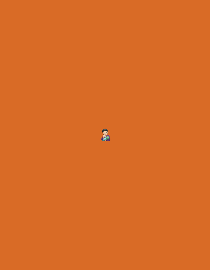 The image displays a solitary, small digital figure positioned centrally against a uniform, solid dark orange background. The figure, rendered in an emoji-like style, features light brown skin and dark hair, wearing a purple-colored top. Its hands are clasped together, holding a spherical green object at chest level. There are no environmental cues, architectural elements, or contextual details within the image to indicate a physical location, such as the city of Santa Ana, Venezuela, or any other specific geographical setting. The scene is entirely abstract, consisting solely of the figure against a plain backdrop.