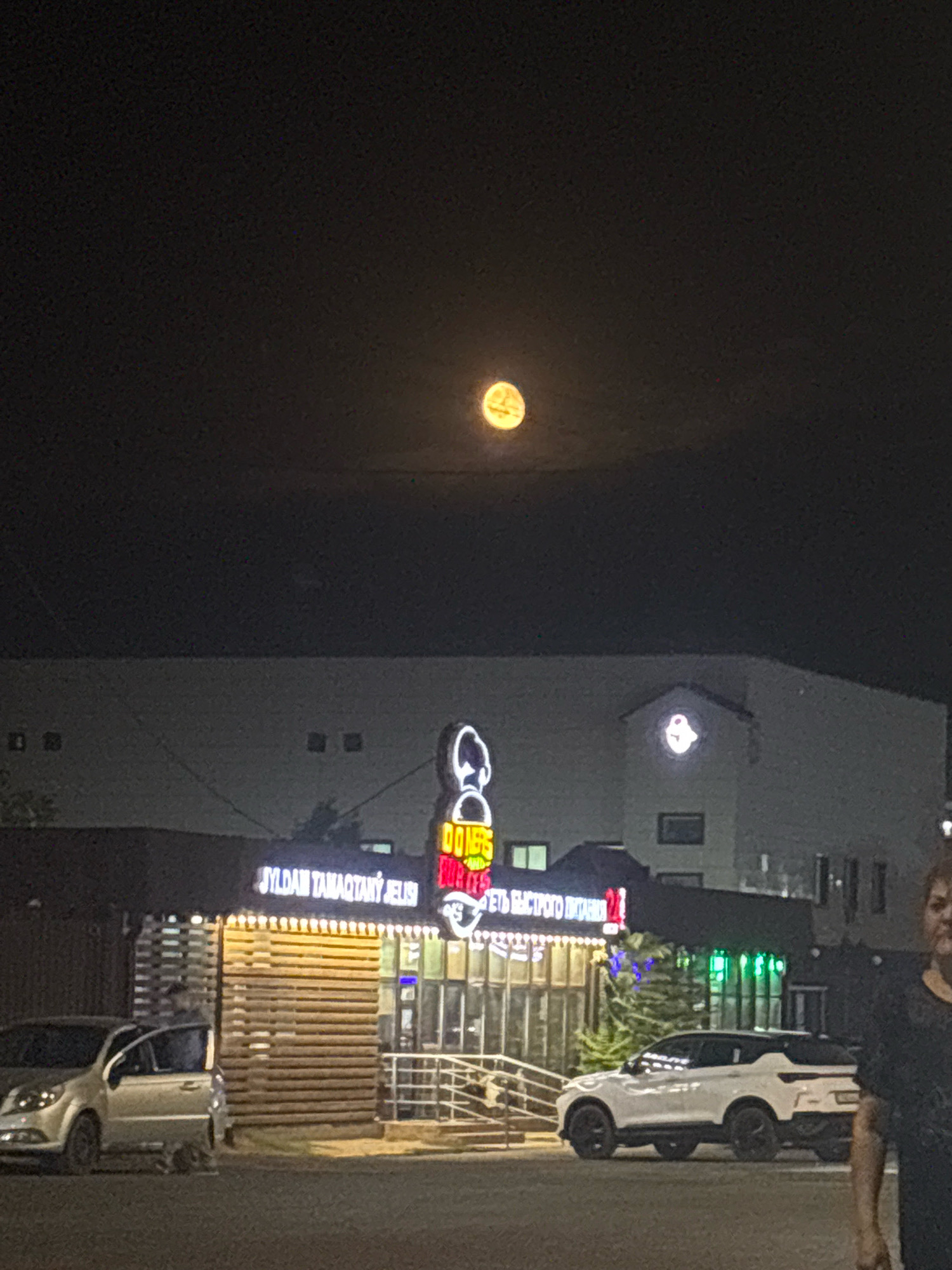 This is a nighttime photograph taken in the city of Taraz, Kazakhstan. A bright, full moon is visible in the dark sky. In the foreground, there is a building with a lit sign that reads "JYLDAM TAMIQTAUY JELIS" and another partially visible sign with "ETS BIICTPOTO NHIIAH. A white SUV is parked in front of the building, and a silver car with its door open is parked to the left. A woman is standing on the right side of the frame, facing the camera. The environment appears to be an urban street with a commercial establishment.