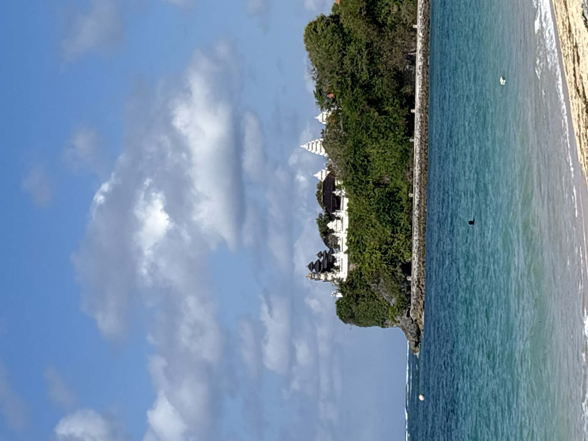 This vibrant image captures a scenic coastal landscape, likely in Kuta Selatan, Indonesia. The original image is rotated 90 degrees clockwise; when viewed correctly in landscape orientation, it presents a dynamic view of a cliff, ocean, and beach under a partly cloudy sky.
On the left side of the frame, a prominent, lush green cliff face is densely covered with trees and vegetation. Perched atop this cliff are several distinctive white structures with dark, multi-tiered roofs, characteristic of traditional Balinese architecture, suggesting temples or resort buildings. A sturdy stone or concrete seawall runs along the base of the cliff, forming a clear boundary with the water.
The expansive turquoise-blue ocean dominates the center and right portions of the image. The water displays varying shades of blue and green, indicative of differing depths, and shows gentle ripples and small waves. On the far right, a stretch of light sandy beach is visible where the ocean meets the shore. Within the water, a small, dark silhouette, possibly a person swimming or paddleboarding, is noticeable in the mid-ground. Further out, another smaller, lighter object, perhaps a distant buoy or a person on a float, can be seen. A white buoy is also present closer to the bottom left edge of the water.
The sky above is a bright blue, dotted with scattered white and grey cumulus clouds, suggesting a pleasant, partly cloudy day. The bright illumination indicates it is daytime, likely late morning or early afternoon. The overall scene evokes a sense of tropical beauty and tranquility. No discernible text is visible in the image.
