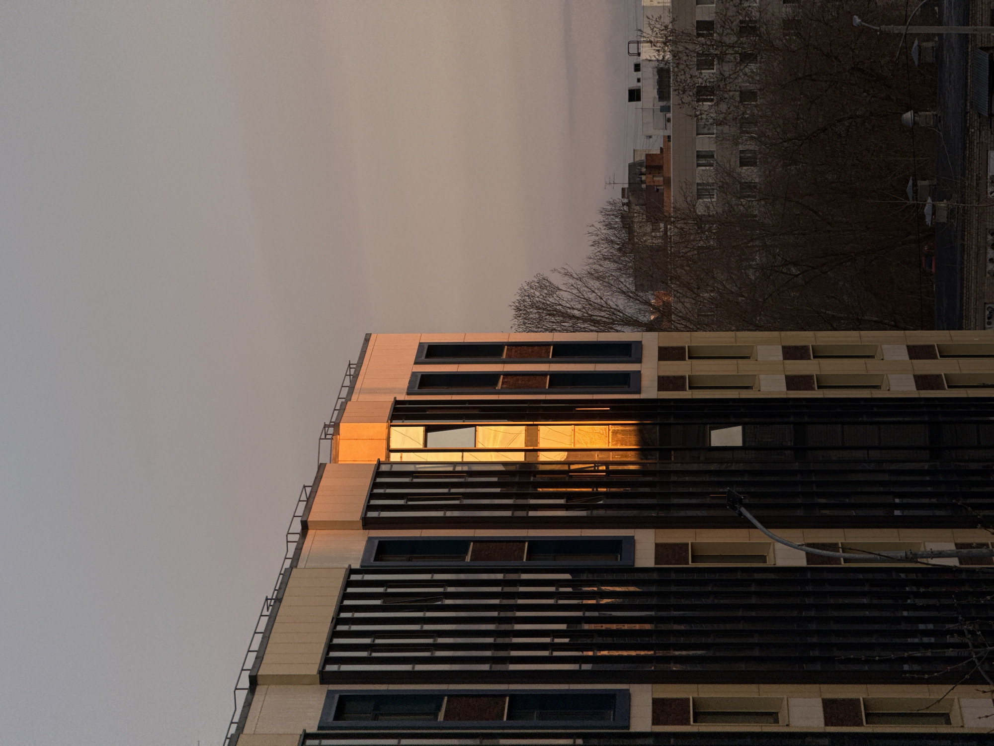 The image depicts an urban scene in Perm, Russia. A modern building with a facade of beige panels, punctuated by windows framed in dark blue, dominates the lower portion of the frame. Horizontal black slats partially obscure the windows. The upper levels of the building reflect a warm, golden light, likely from the setting sun. In the background, other buildings are visible, with a mix of architectural styles. Bare tree branches extend upwards, silhouetted against a hazy, overcast sky. A street lamp is visible on the right side of the background. The overall impression is one of a city transitioning from day to dusk.