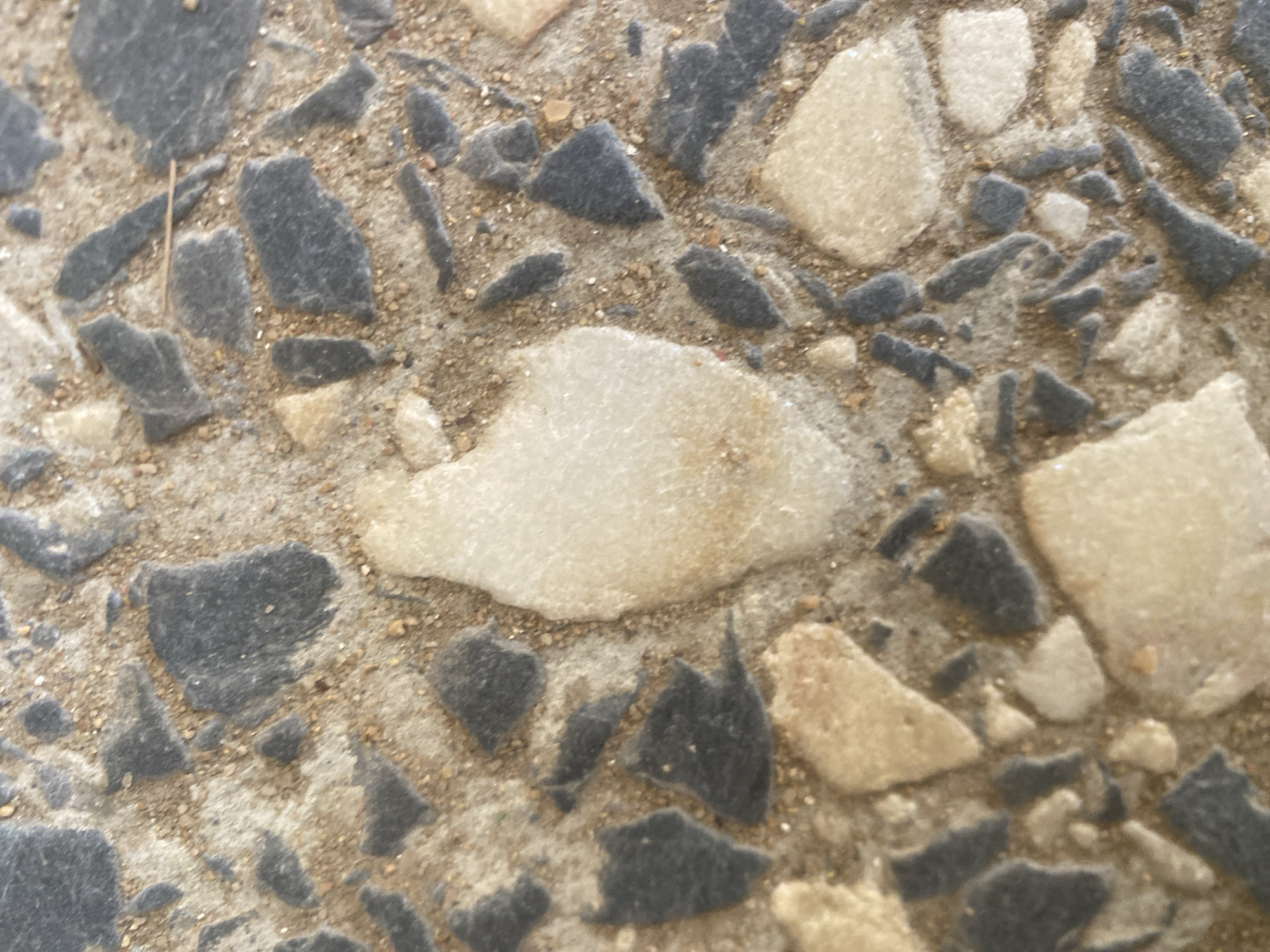 The image is a close-up, overhead view of a terrazzo-like surface, possibly a pathway or floor, composed of aggregate embedded in concrete. The aggregate consists of irregular fragments of dark grey, black, and light beige or white stone. The central focus is a translucent, light-colored stone fragment that is roughly oval-shaped with a slight indentation, resembling a thumbprint or a mitten. The concrete binder appears textured and gritty, with small grains of sand visible. The lighting suggests an outdoor environment, as indicated by the diffuse natural light and the slightly uneven texture of the surface. The image does not contain any people, actions, or specific identifiable landmarks that would allow for pinpointing its location within Jimeta, Nigeria. It is a detail shot of a common construction material.