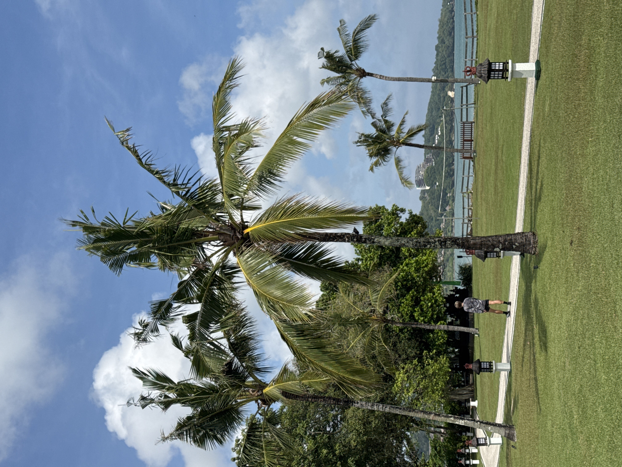 The image shows a tropical scene with palm trees under a blue sky with scattered clouds. A well-manicured green lawn stretches into the background. A pathway with decorative lights runs along the lawn. In the distance, water and land are visible. A person is walking along the pathway. The location is the city of Kuta Selatan, Indonesia.