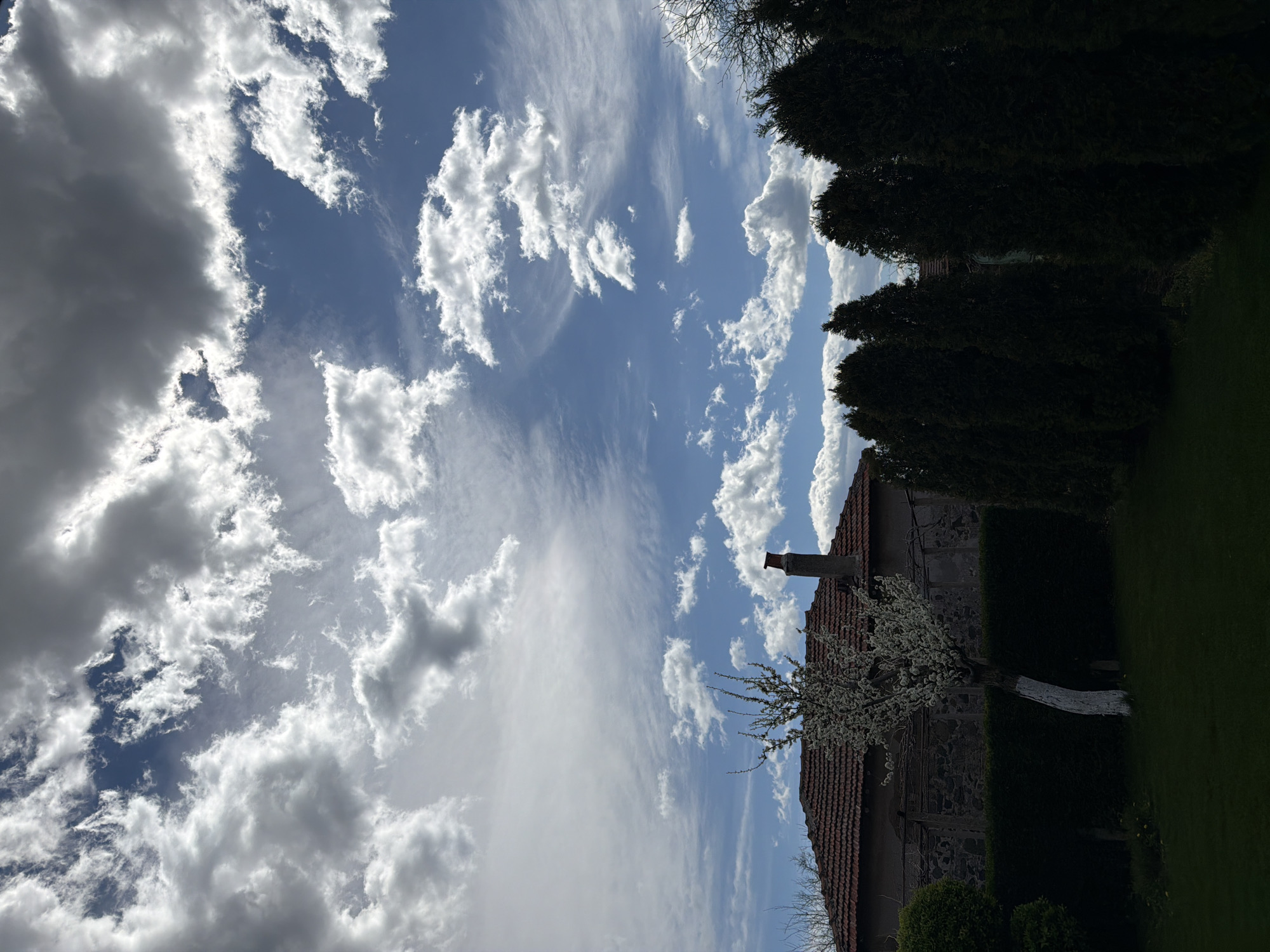 The image depicts an exterior shot of a building with a chimney and red tile roof, surrounded by greenery. A tree with white blossoms is in the foreground. The sky is visible with a mix of blue sky and scattered white clouds. The photograph appears to be taken in Bratia Kunchevi, Bulgaria. The image is rotated to its side.