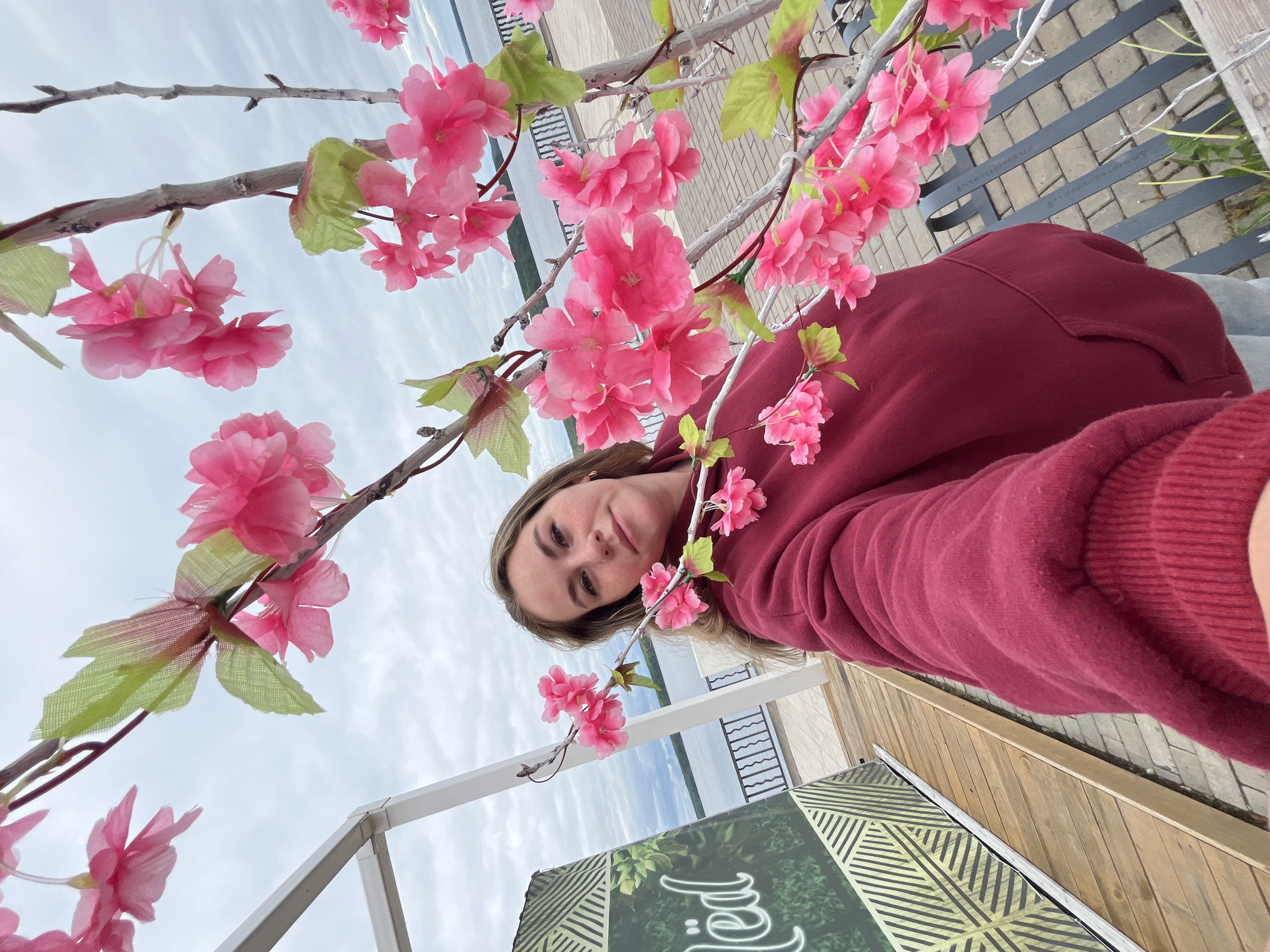 A young woman takes a selfie in Chaikovsky, Russia, near a body of water. She is framed by artificial cherry blossom branches. She wears a maroon sweatshirt. In the background is a railing, possibly along a riverbank or waterfront promenade. A decorative signboard with a geometric pattern is visible. The sky is overcast.