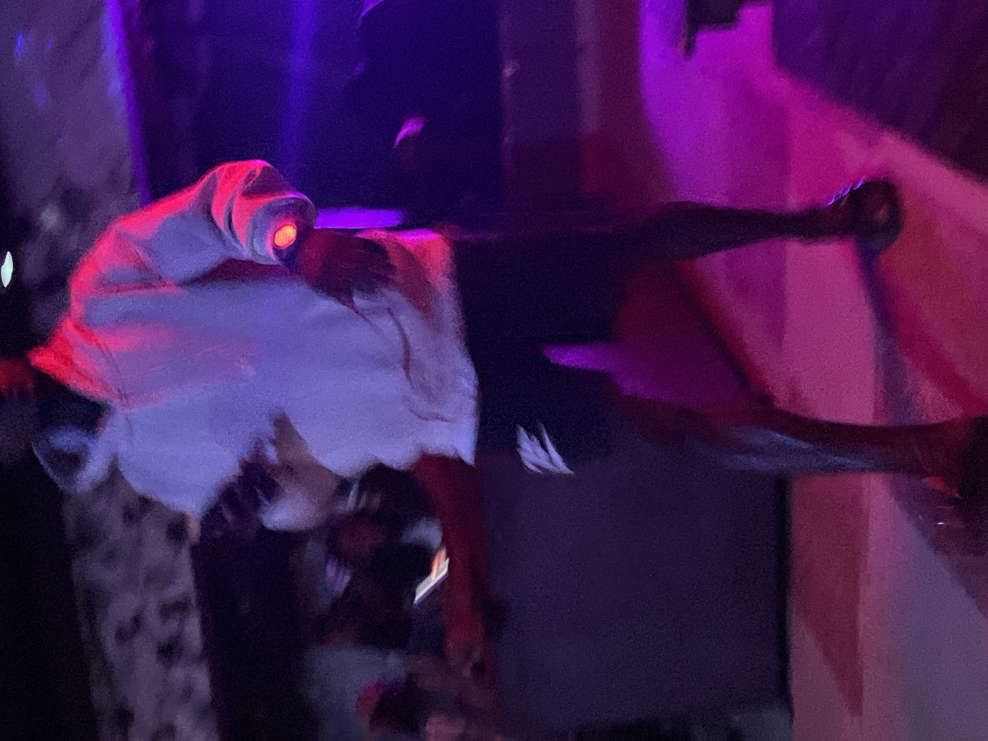 The image depicts a dimly lit scene with a person wearing a white hoodie and black shorts. The environment is illuminated by purple and red lighting, suggesting a nightclub or a similar entertainment venue. The person appears to be standing on a tiled floor, with the background showing blurred shapes and possibly other individuals. The overall atmosphere is energetic and possibly social, with the lighting creating a vibrant, almost futuristic ambiance. The person's posture suggests they might be dancing or posing. The location in the city of Durumi, Nigeria, is not discernible from the visual information provided in the image.