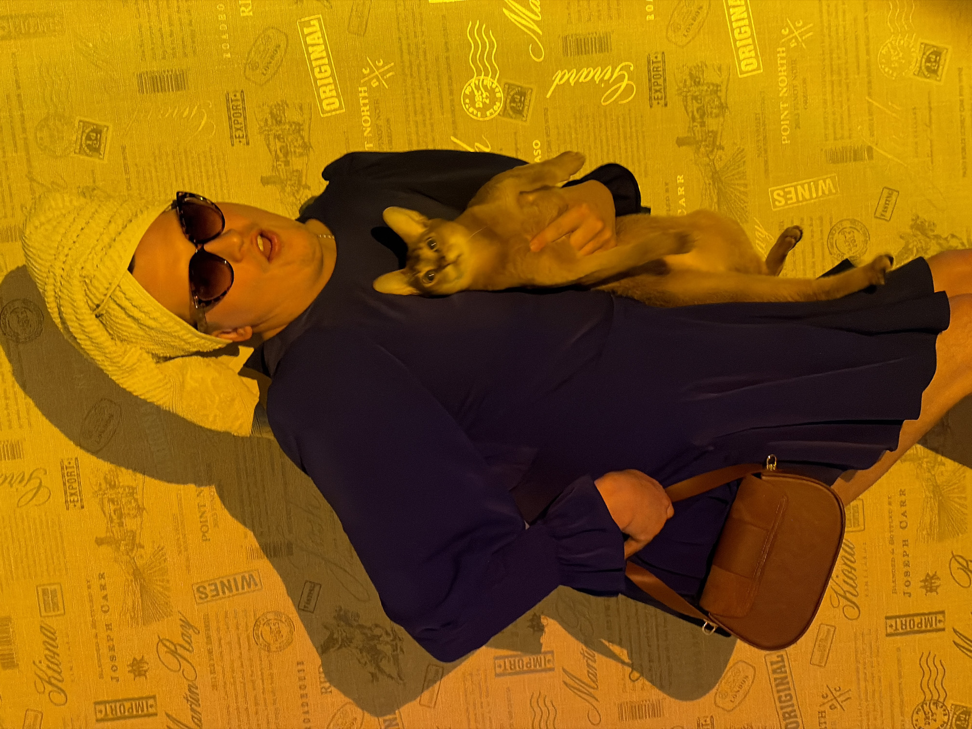 An indoor, portrait-oriented image captures a person and a cat lying horizontally on a patterned surface, illuminated by warm, golden artificial light. The main subject, a person dressed in a dark blue garment, is lying on their back with a white towel wrapped around their head and large, dark sunglasses covering their eyes. Their mouth is slightly open, conveying a relaxed or expressive moment.
A sleek, light brown cat, resembling an Abyssinian, rests comfortably on the person's chest and stomach, looking directly at the viewer with bright eyes. The cat's paws are gently placed on the person's arm. A small, brown leather handbag with a shoulder strap is held by the person's left hand, resting on their upper leg.
The background is a distinctive yellow-gold fabric or wallpaper covered with an array of repeating patterns that evoke vintage wine labels and postal stamps. Various texts are visible, including "ORIGINAL," "EXPORT," "IMPORT," "WINES," "PINOT NOIR," and names such as "JOSEPH CARR," "Martin Ray," "Girard," "Kiona," and "POINT NORTH." Other details like "LONDOS," "LONDON," and the year "2013" also appear. Barcodes, stylized crests, and other decorative graphics further adorn the surface.
The scene conveys a sense of comfort and leisure, with the individual appearing content and at ease, enjoying a quiet moment with their feline companion. The warm lighting contributes to a cozy and intimate atmosphere. The location is contextualized as Chaikovsky, Russia.
