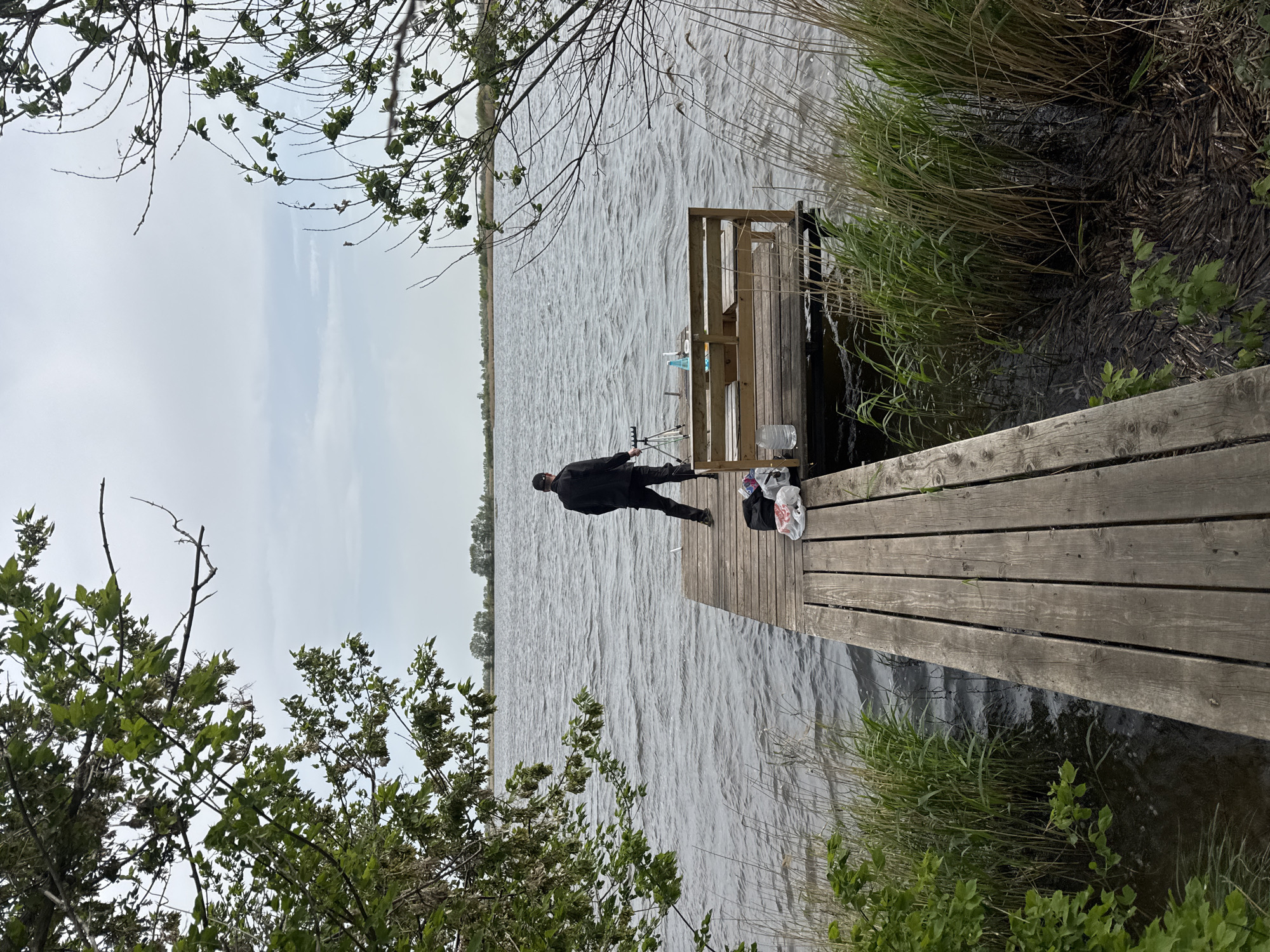 A person is seen fishing on a wooden dock in a body of water, surrounded by tall grass and trees. The location is Unknown, Unknown. The person is wearing dark clothing and holding a fishing rod. There are a few plastic bags and containers on the dock, along with some equipment. The sky is overcast.
