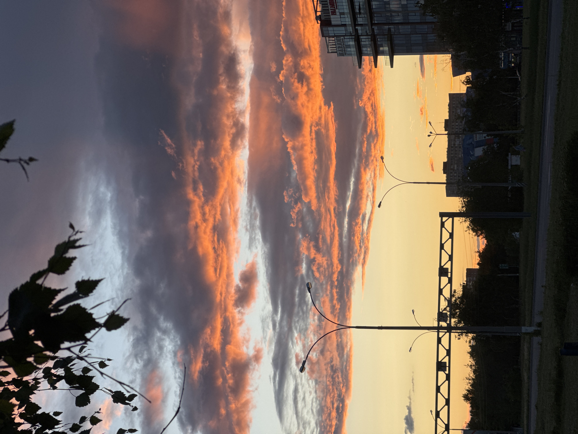The image captures a sunset scene in an urban environment. The sky is dominated by clouds displaying orange and purple hues, indicating the setting sun. Below the clouds, the sky transitions to a yellow-orange gradient. Several lampposts with curved arms extend into the sky. In the background, silhouettes of buildings and trees form a skyline. A building with multiple windows is visible in the upper right corner. In the foreground, there are tree branches with leaves silhouetted against the colorful sky. The presence of a road and green space suggests a roadside view in a city.