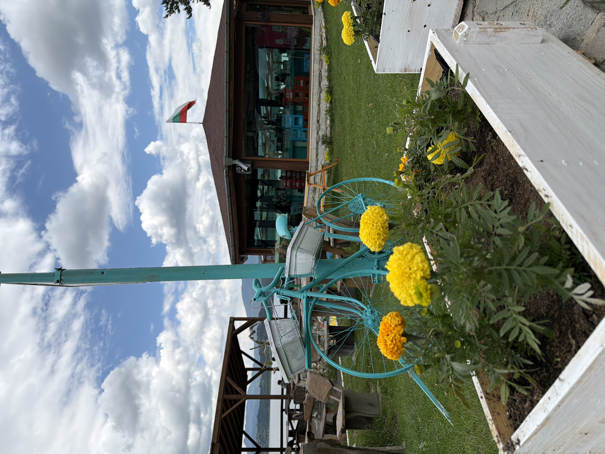This image depicts an outdoor recreational area in Цигов чарк, Bulgaria, under a partially cloudy blue sky. In the foreground, white wooden planter boxes contain blooming yellow and orange marigold flowers. The midground features a decorative, teal-painted bicycle art installation with two white planter baskets attached, positioned on a green lawn. A tall teal pole stands vertically next to the bicycle. To the left in the background, a large wooden pergola with wooden tables and benches overlooks a body of water and distant mountains. To the right in the background, a single-story, hexagonal building with a dark tiled roof and large glass windows is visible. A Bulgarian flag (white, green, red stripes) flies from the center of this building's roof. Through the building's windows, stacks of beverage crates and indistinct human figures are visible. The ground between the foreground planters and the background structures is covered in green grass.