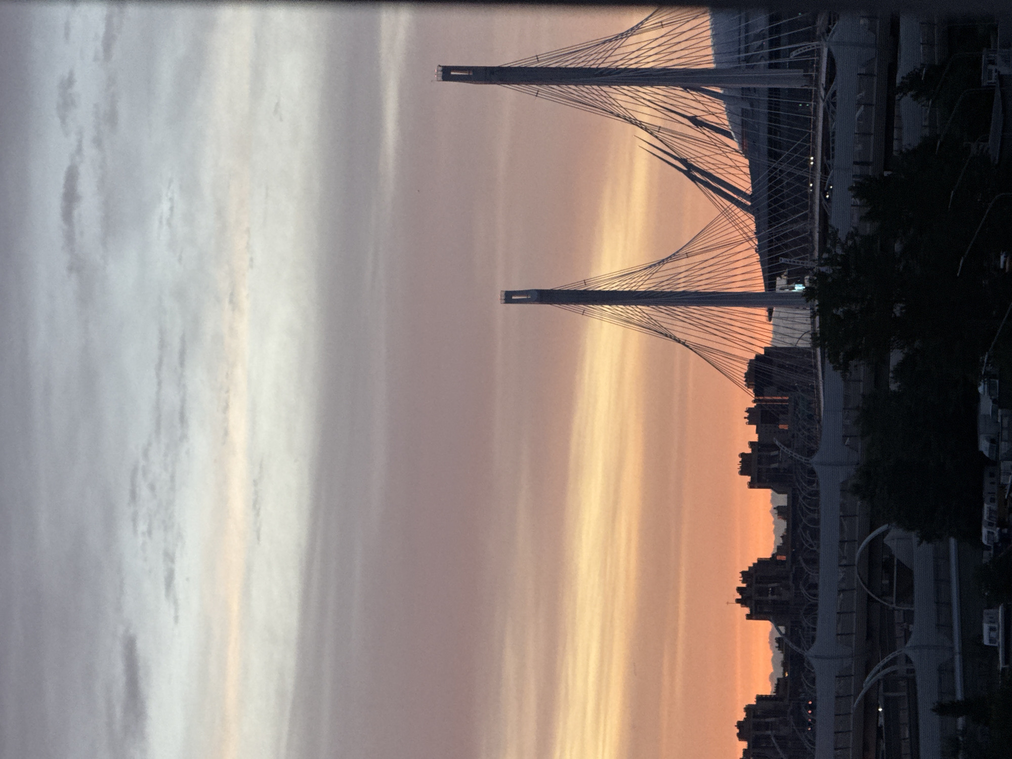 The image depicts a sunset over Saint Petersburg, Russia, with the cable-stayed bridge being a prominent feature. The sky displays a gradient of colors, transitioning from pale gray at the top to warm orange and pink hues closer to the horizon. Silhouetted against this vibrant sky are several tall, modern buildings and the distinctive towers of the cable-stayed bridge. The bridge's cables fan out, creating a dramatic visual effect. In the foreground, there's a dark silhouette of trees and a glimpse of what appears to be an overpass or elevated highway. The overall scene conveys a sense of an urban landscape at dusk.