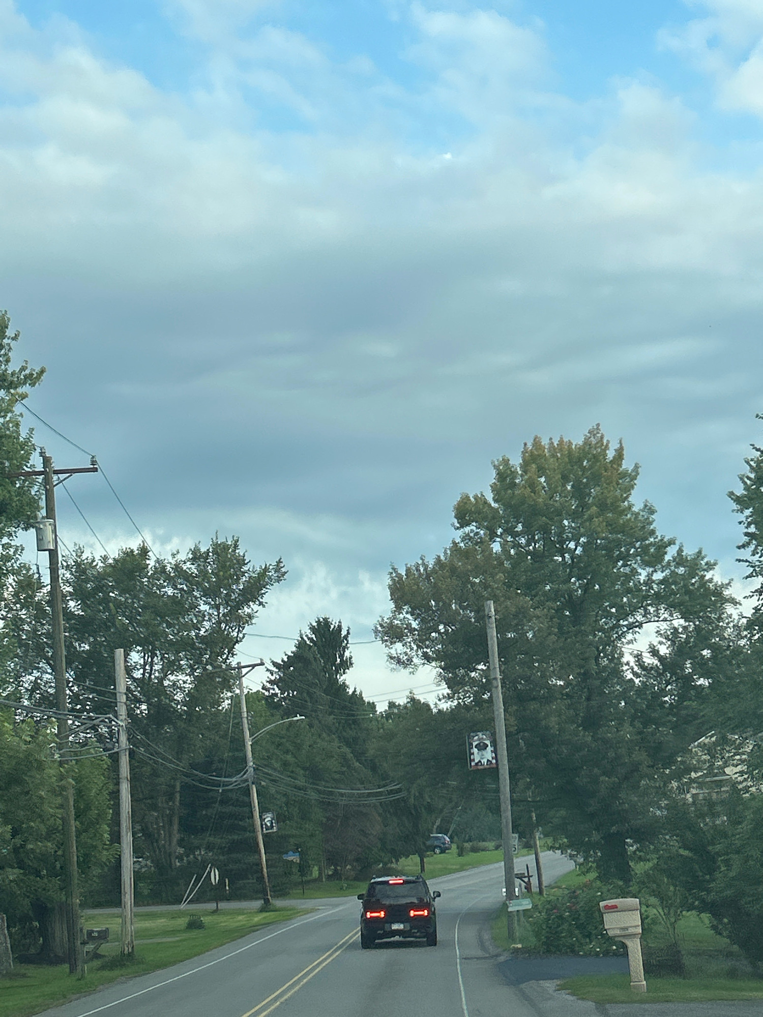 This image captures a view from a vehicle traveling on a road in Robinson Township, United States of America. The road is paved with yellow dividing lines and has a slight curve to the right. On the right side of the road, a beige mailbox with a black address plate stands near a small garden. Further along, a utility pole with wires and a street light is visible. A dark-colored SUV is ahead in the lane. On the left side of the road, more utility poles and trees line the street. In the distance, more trees and houses are visible. The sky is partly cloudy with blue patches visible.