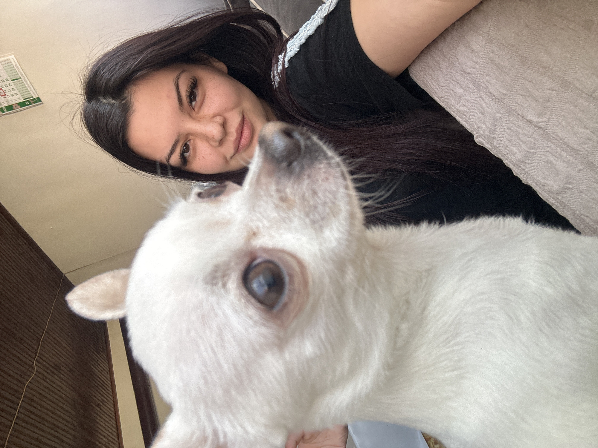 A woman with long, dark hair is pictured at a close, canted angle alongside a small, white dog. The woman is fair-skinned, with dark eyebrows, eyelashes, and a few freckles. She is wearing a black shirt with white accents and appears to be smiling slightly at the camera. The dog, positioned closer to the camera, fills a large portion of the frame with its face. Its eye is prominent and its white fur is short and smooth. The background is slightly blurred, showing a light-colored wall and what appears to be a door or wall paneling on the left side. There are no clear indications of the image's location, and there is no information to indicate that the photo was taken in the city of Chubra, Bulgaria.