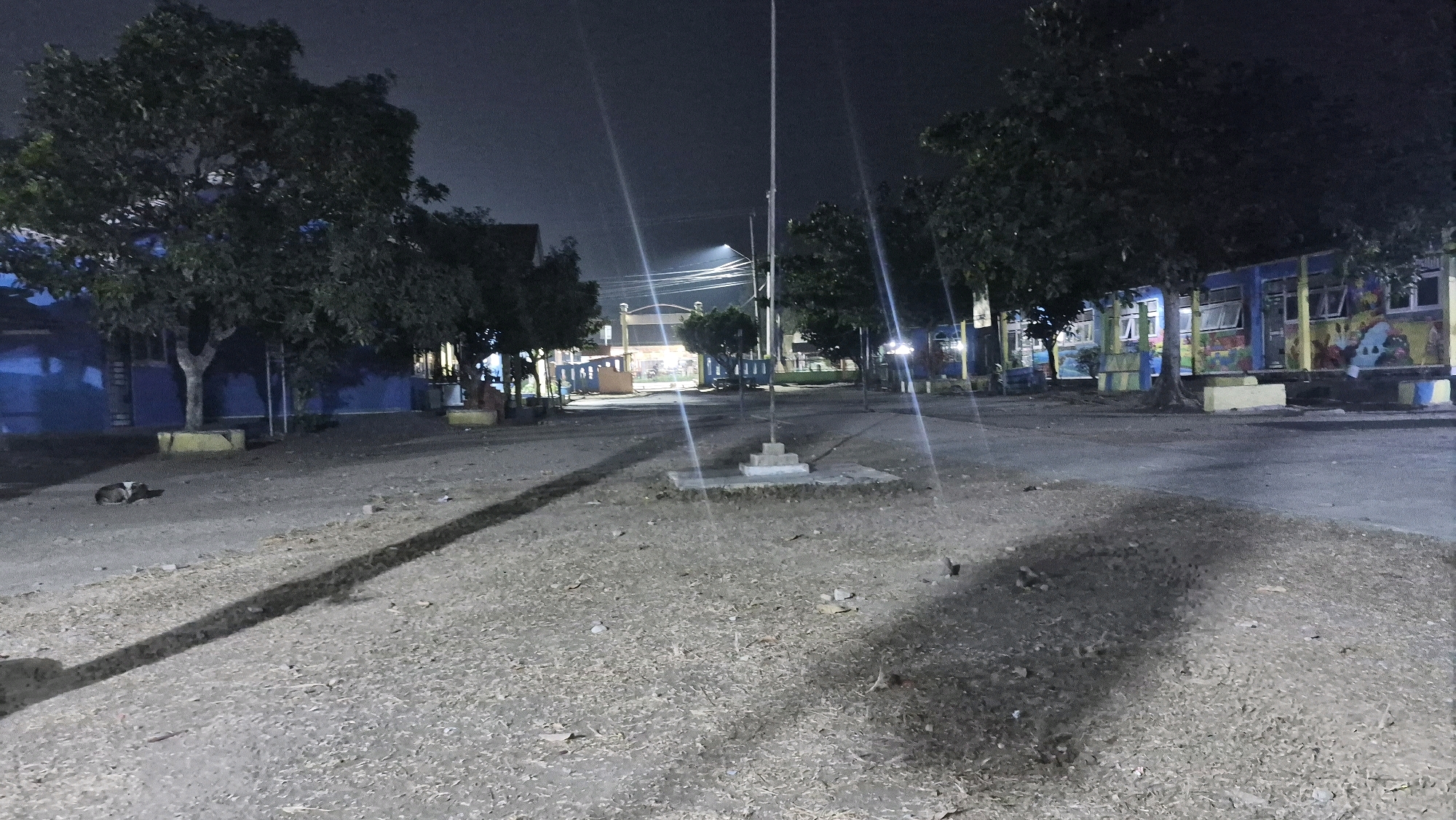 The image depicts an outdoor scene at night, likely a schoolyard or public space, in Putak, Indonesia. In the foreground, a dirt and gravel ground is covered with fallen leaves. A dog lies on the ground on the left side of the image. In the midground, a flag pole stands in the center, with a concrete base. Several trees are scattered throughout the scene. In the background, there are buildings with colorful murals on their walls, and streetlights illuminate the area. The lighting creates lens flares.